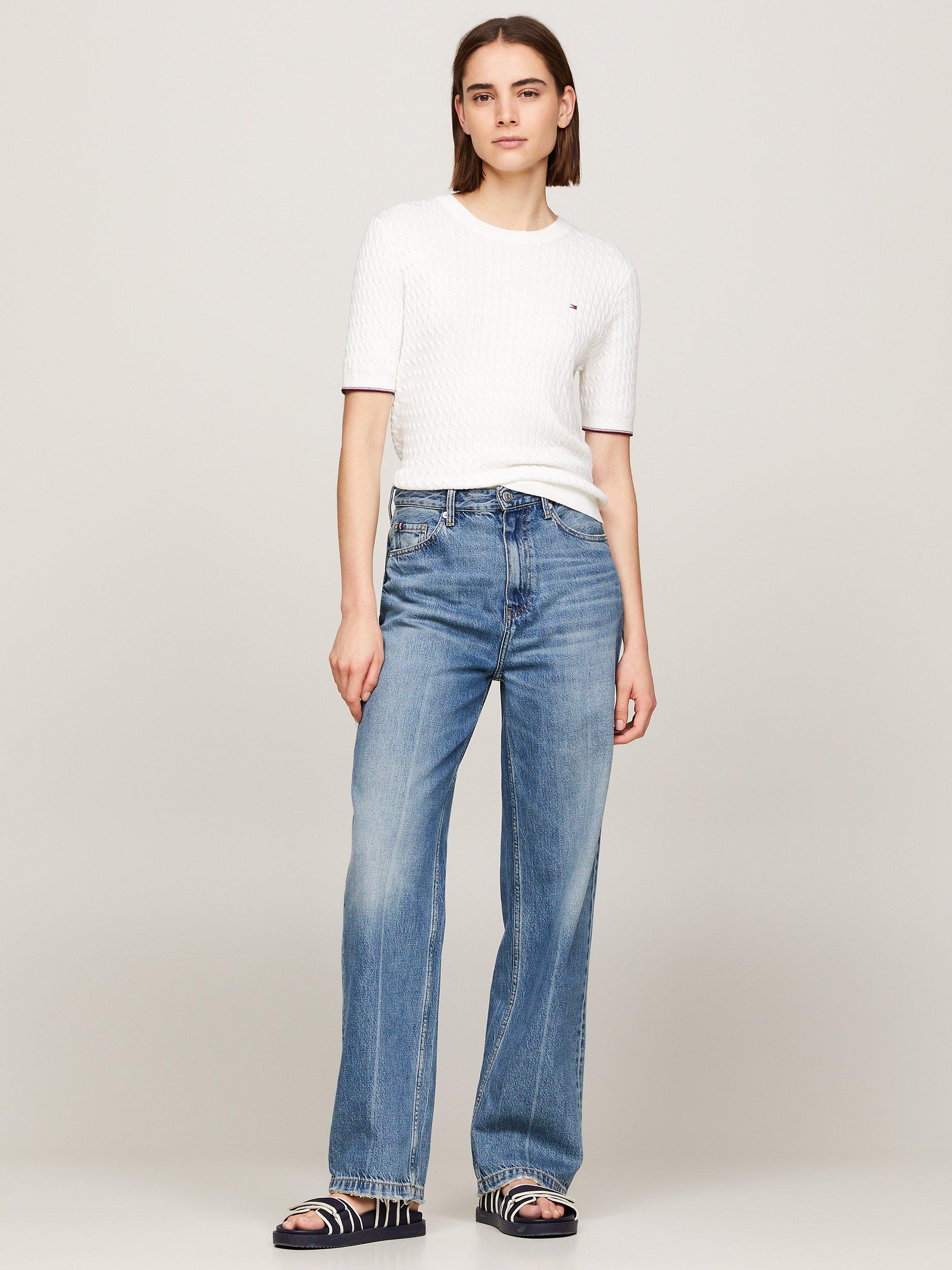 Product image 2 of 5, which shows Tommy Hilfiger Short Sleeve Cable Knit Jumper, Ecru, XS