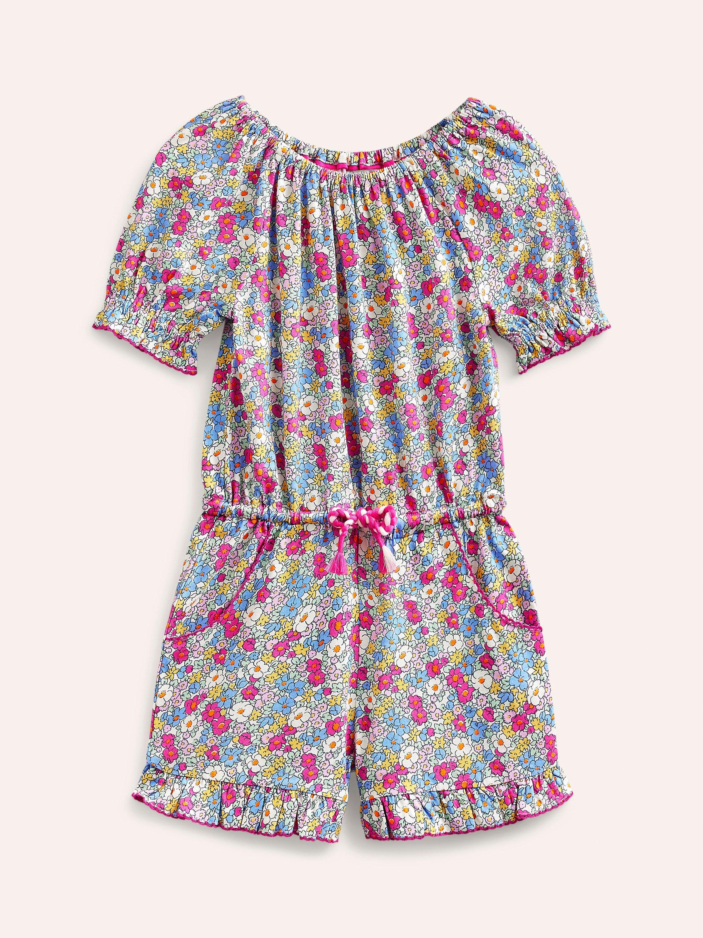 Mini Boden Kids' Nautical Floral Print Jersey Playsuit, Pink/Multi