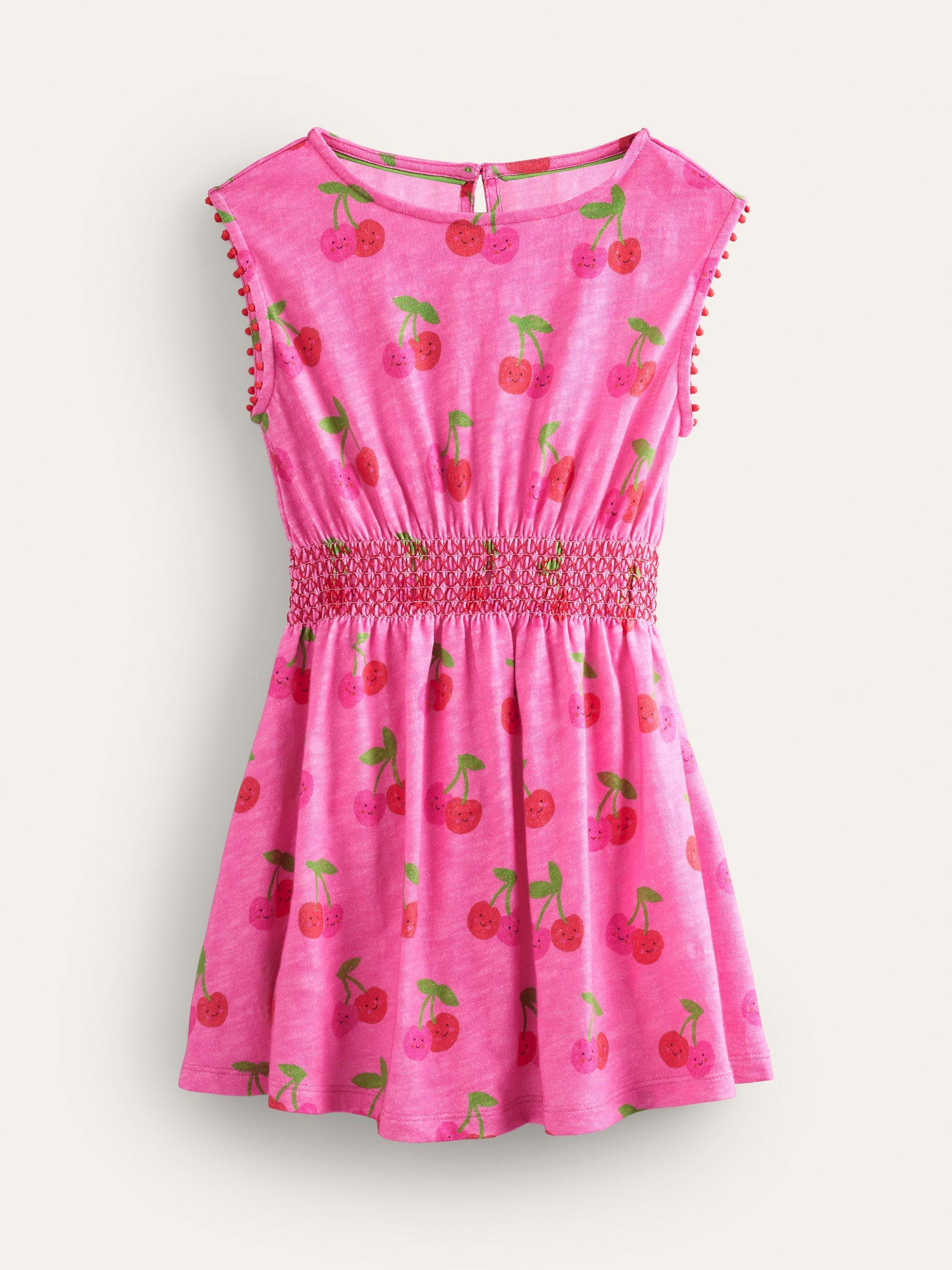 Mini Boden Kids' Cherry Print Shirred Waist Jersey Dress, Pink