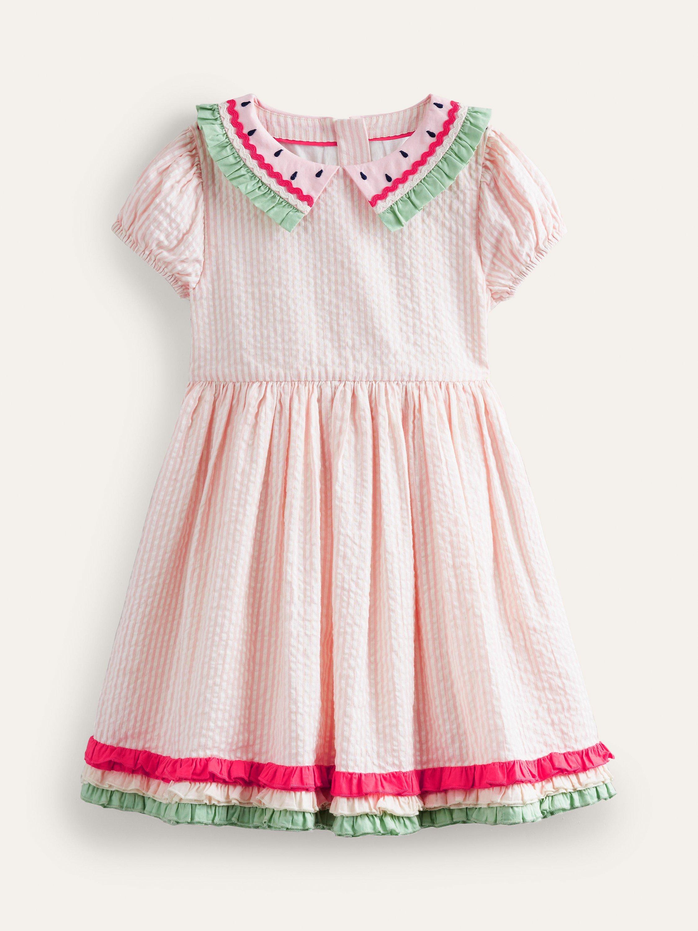 Mini Boden Kids' Watermelon Collar Seersucker Dress, Pink/Ivory Stripe