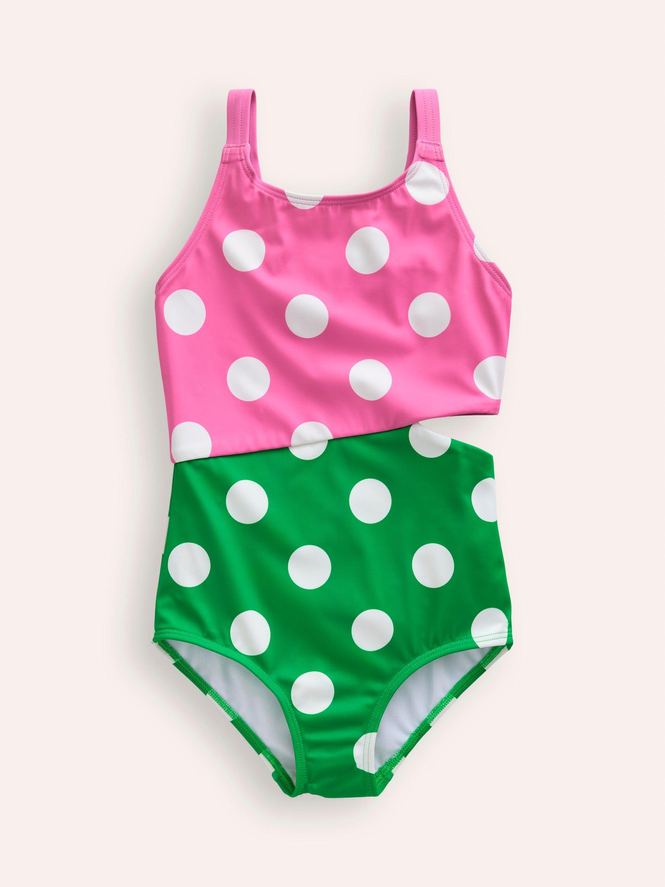 Mini Boden Kids' Spot Print Cut Out Swimsuit, Strawberry/Bean