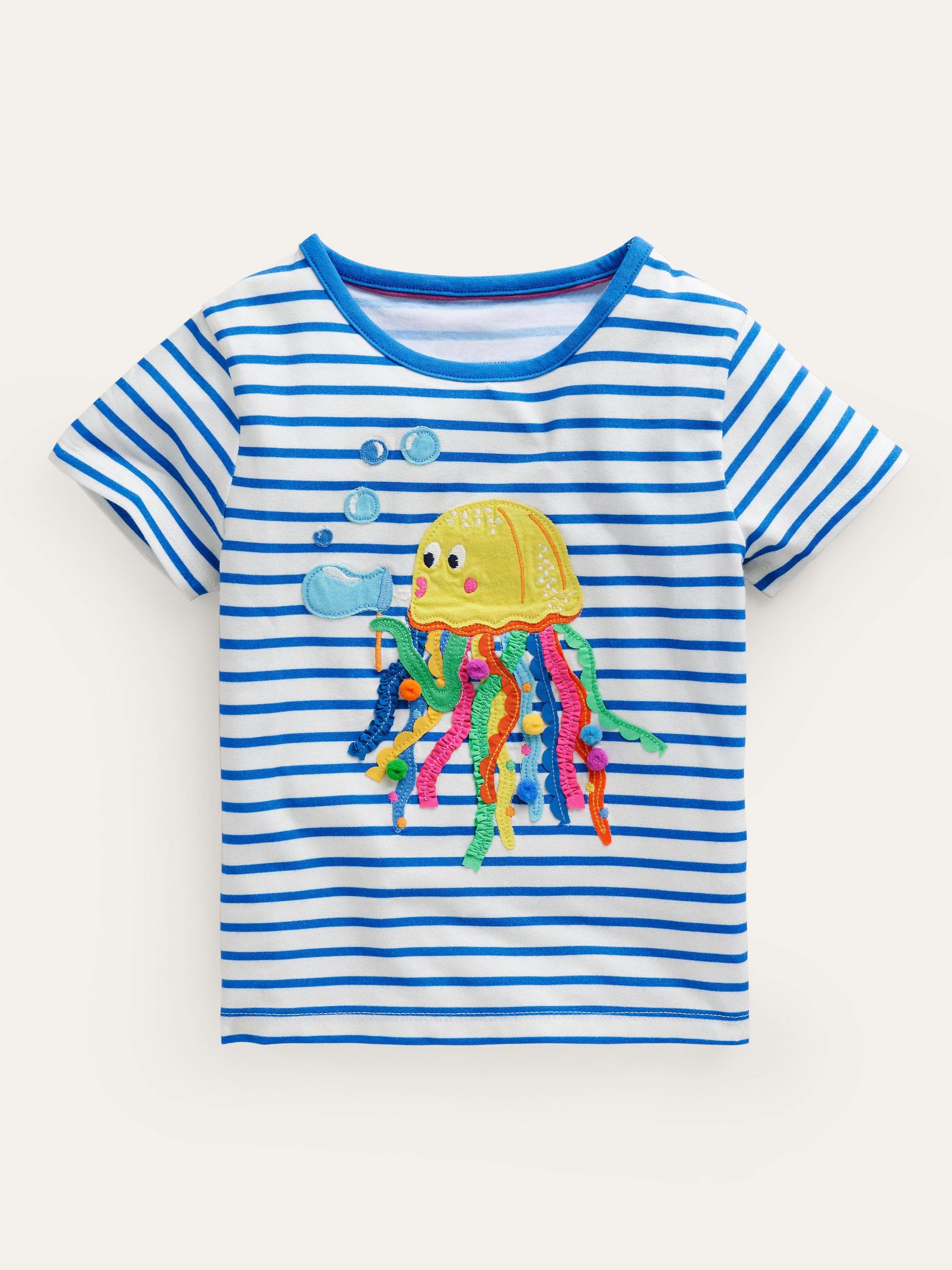 Mini Boden Kids' Jellyfish Applique Stripe Short Sleeve T-Shirt, Ivory/Blue