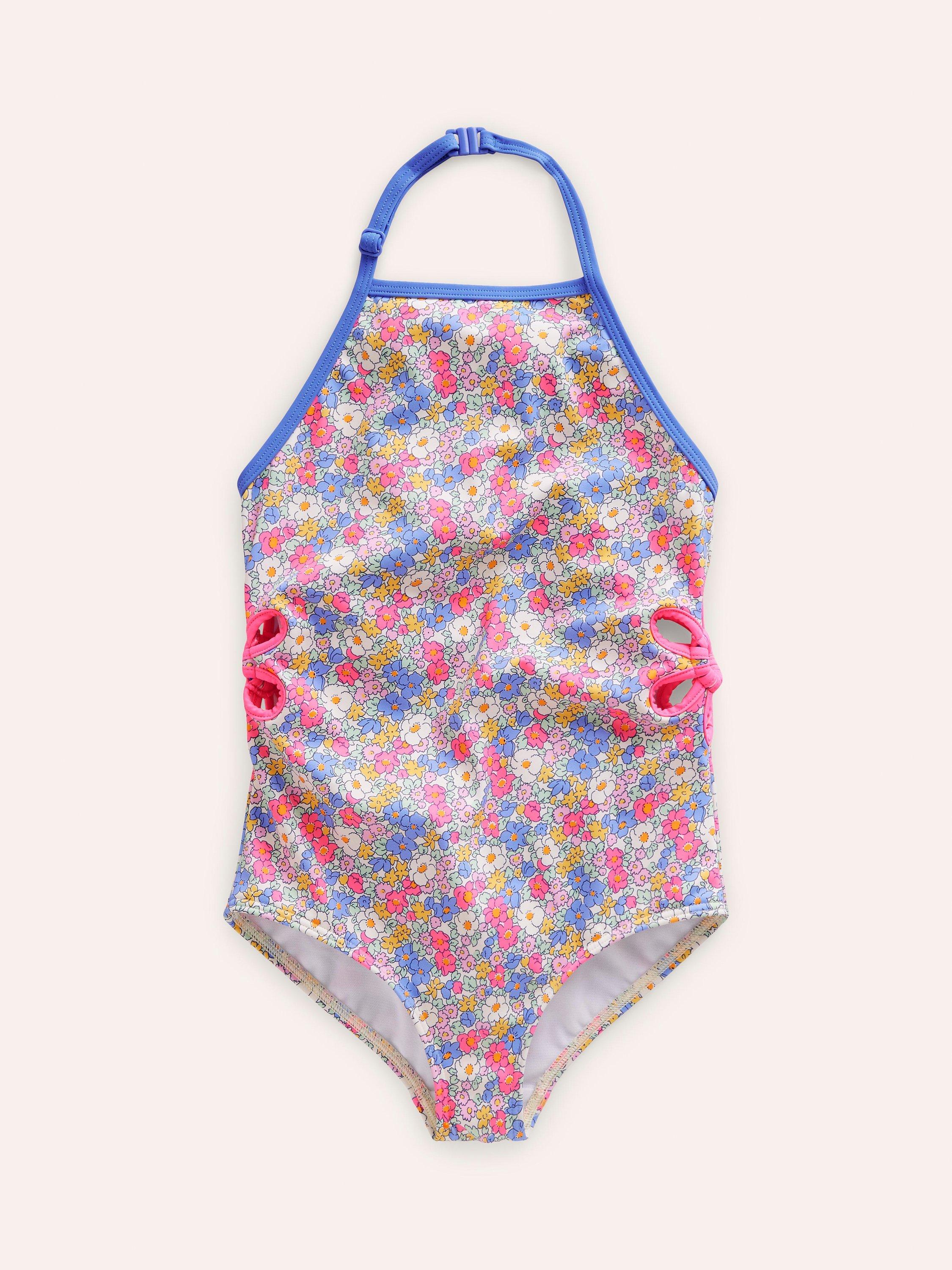 Mini Boden Kids' Cut Out Flower Halter Swimsuit, Pink Nautical Floral
