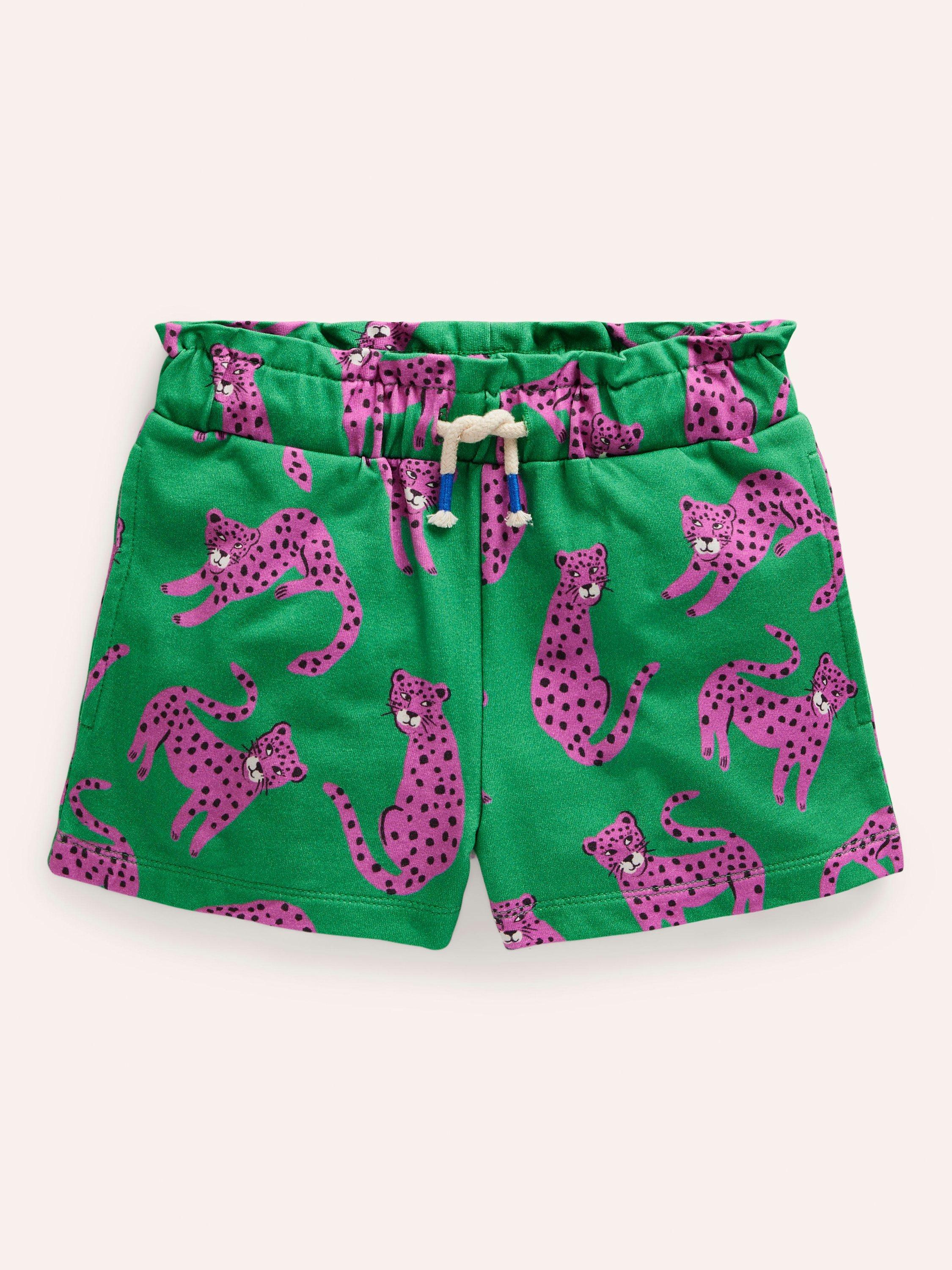 Mini Boden Kids' Ruffle Waist Leopard Sweat Shorts, Green
