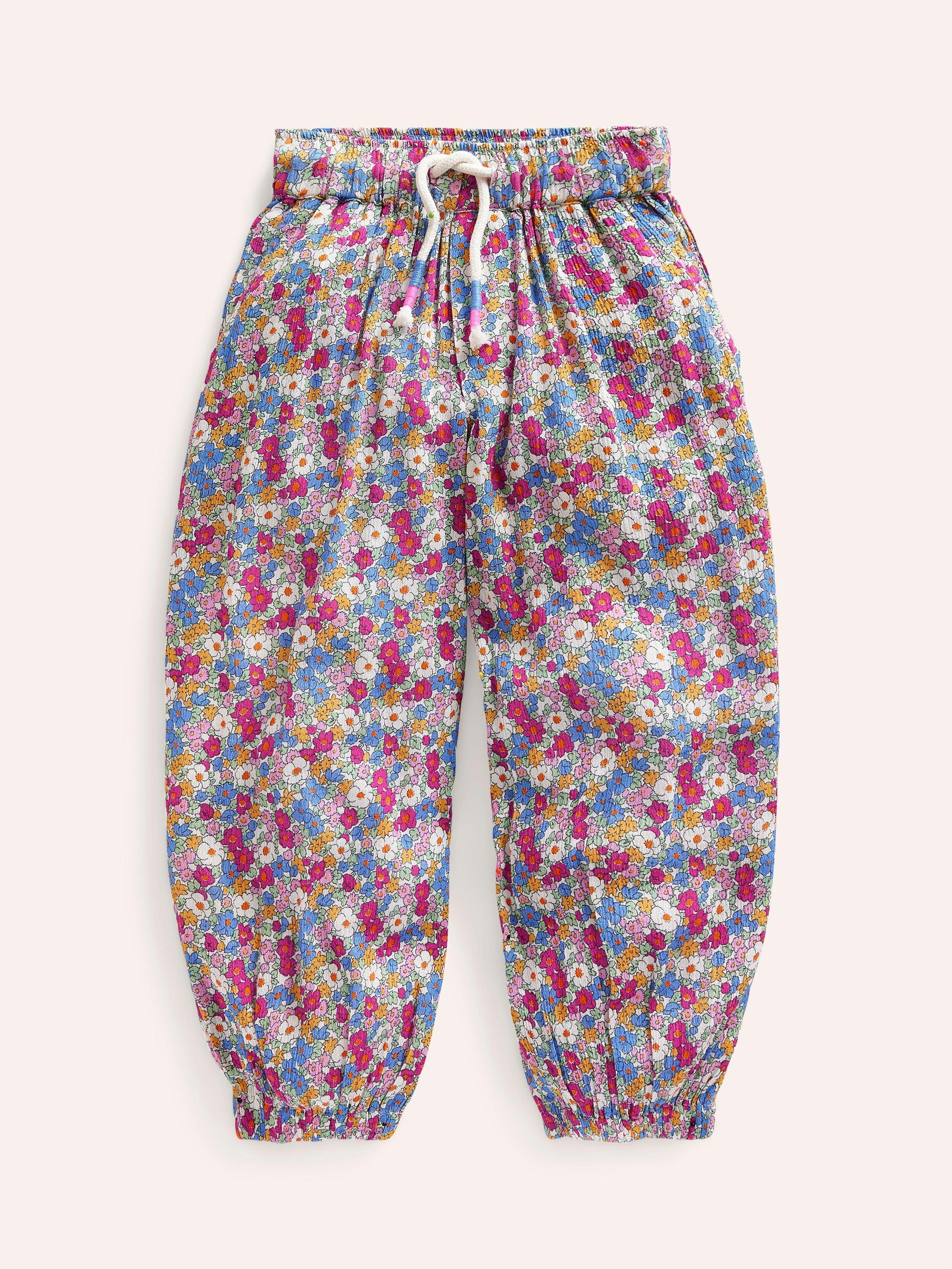 Mini Boden Kids' Nautical Floral Print Tapered Holiday Trousers, Pink/Multi