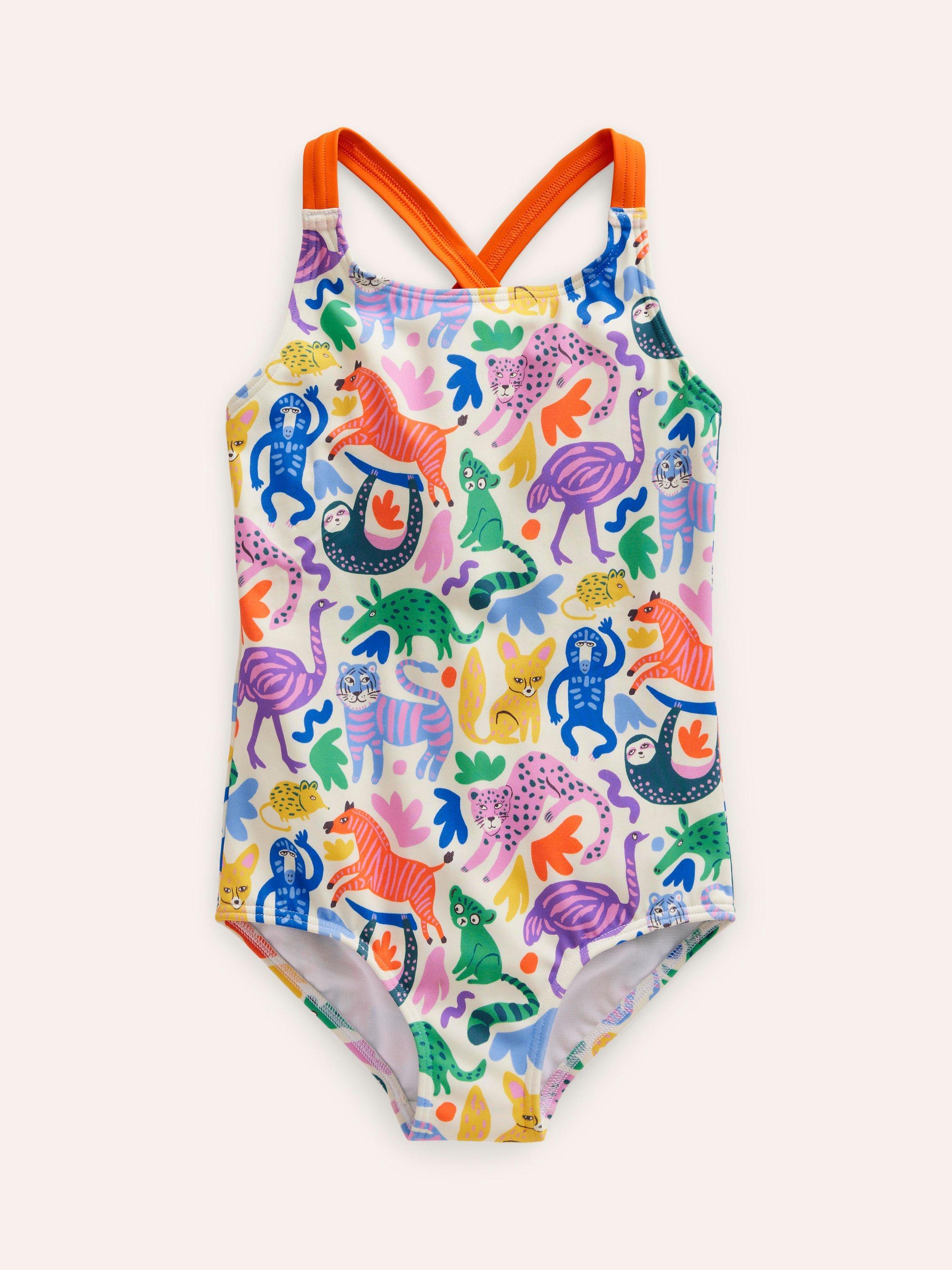 Mini Boden Kids' Jungle Print Cross-Back Swimsuit, Multi