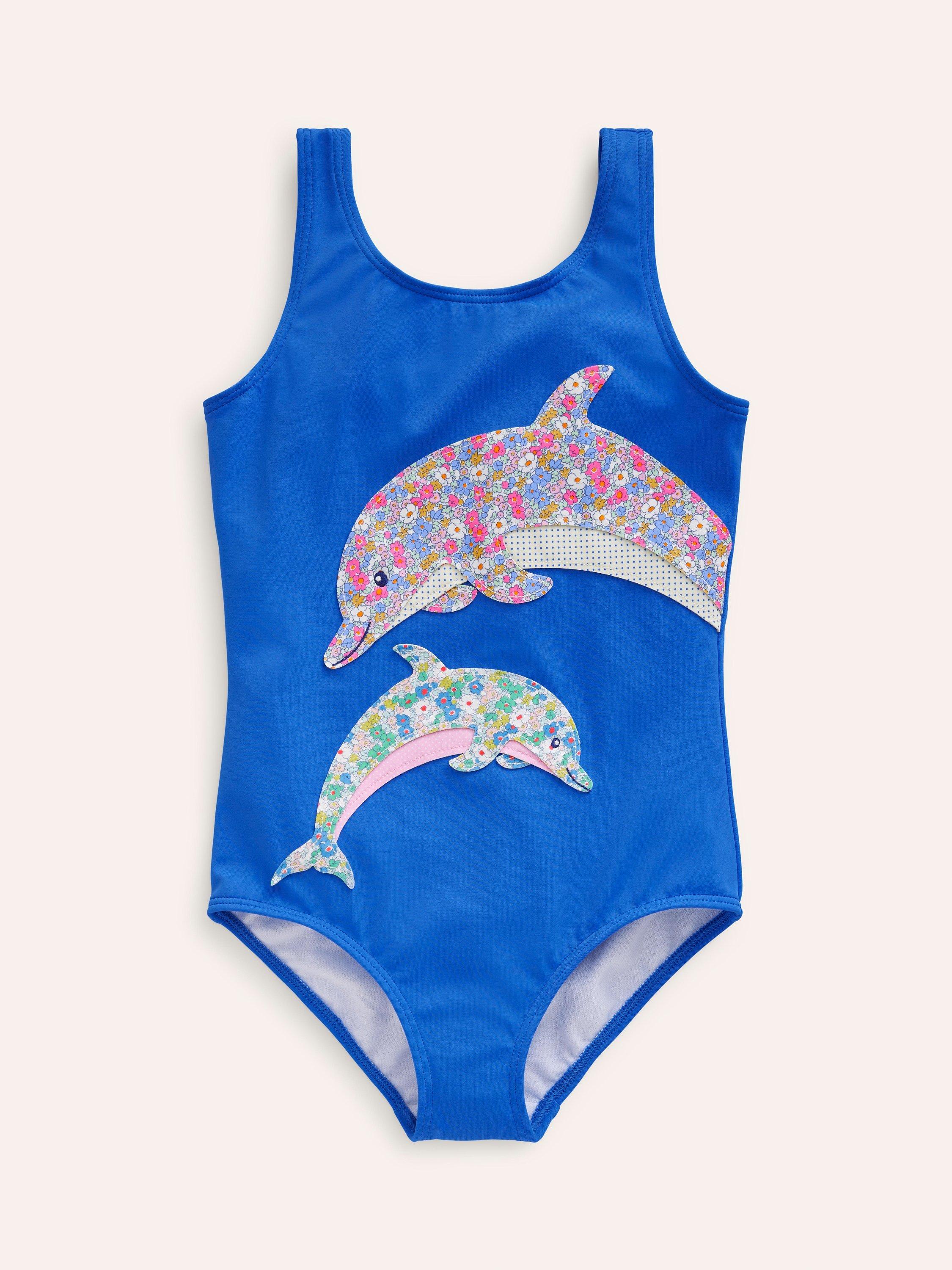 Mini Boden Kids' Fun Dolphins Applique Swimsuit, Aqua Blue