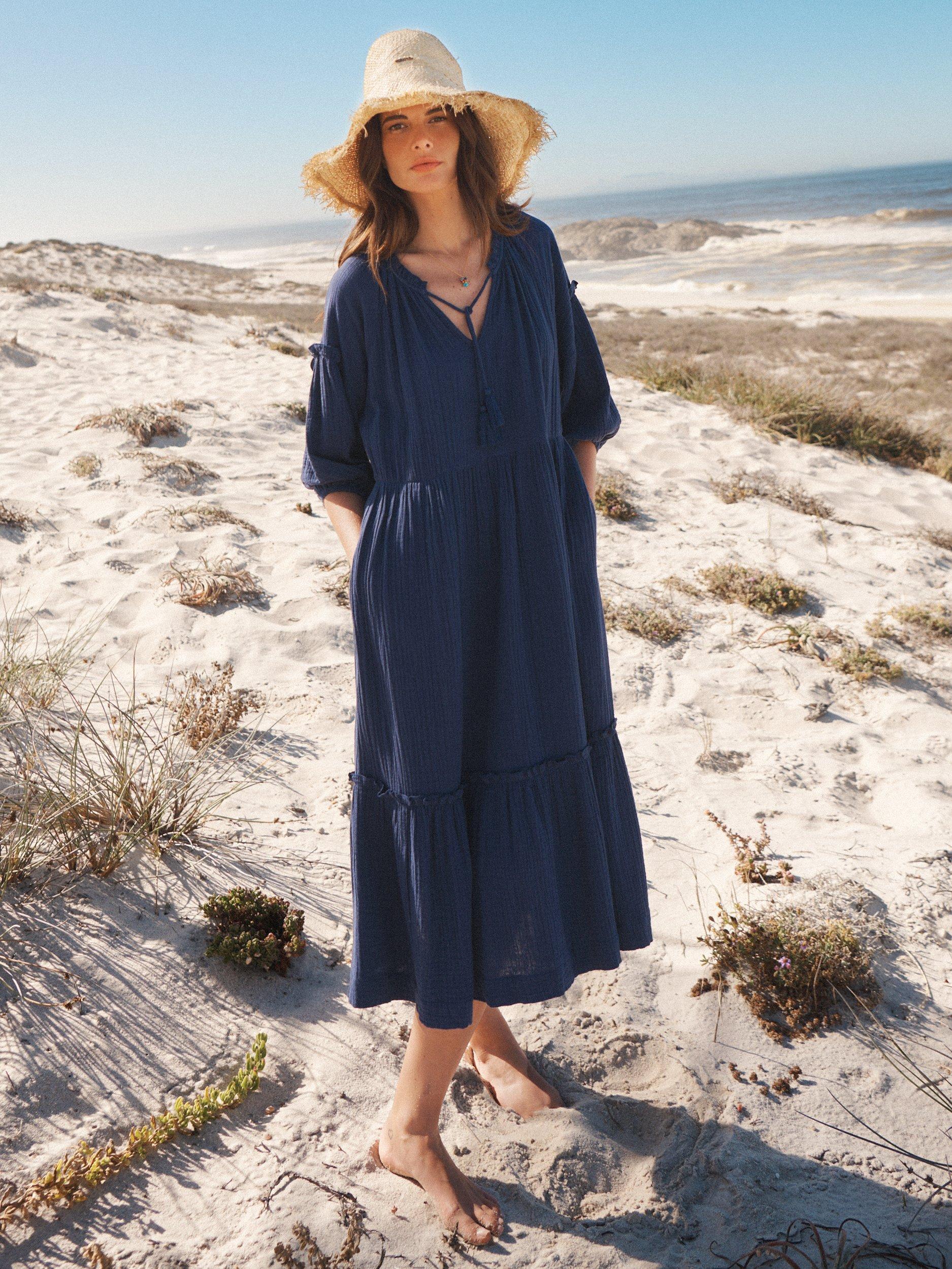 Product image 2 of 10, which shows NRBY Annalisa Cotton Double Gauze Midi Dress, Navy, M