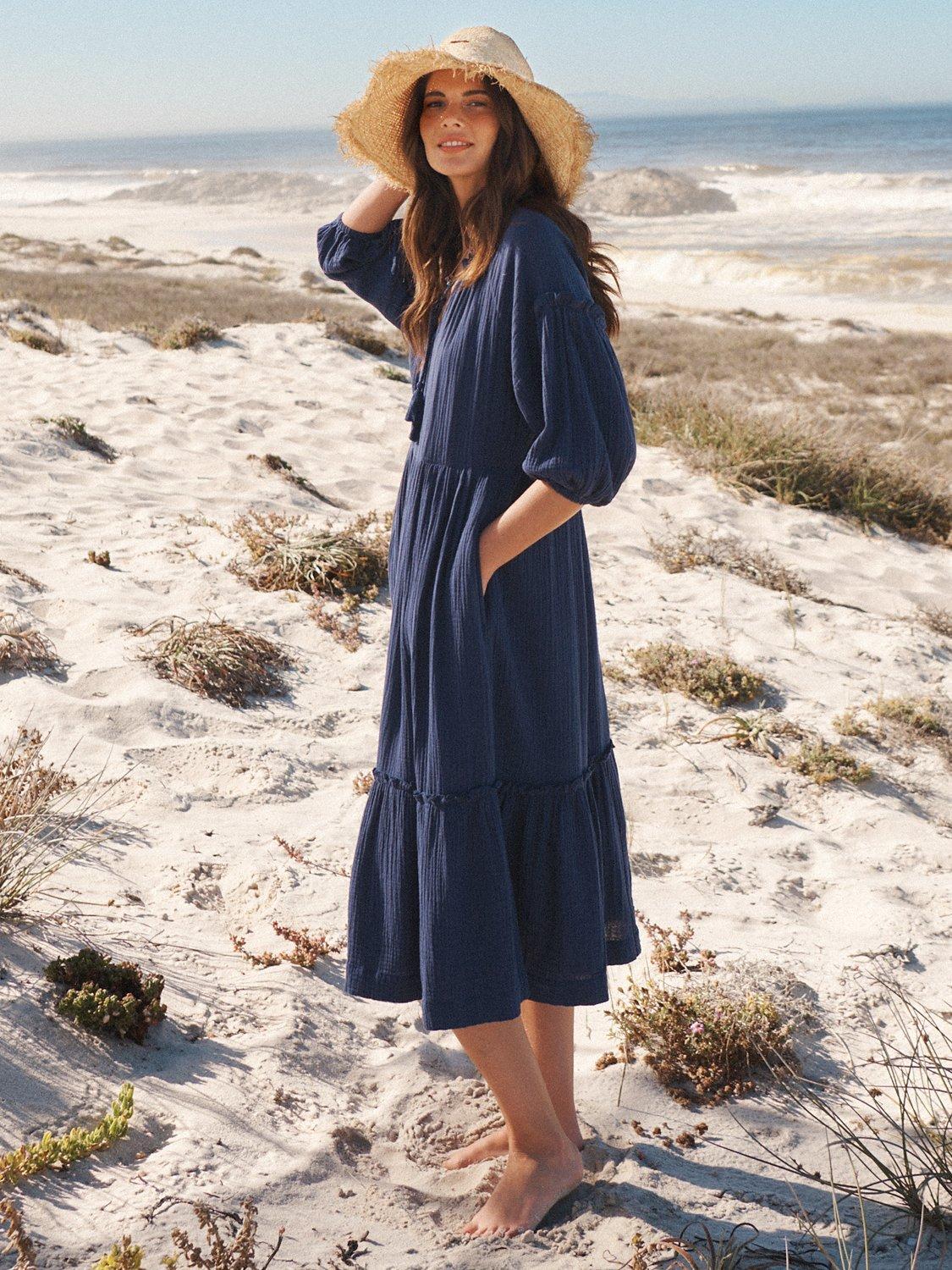 Product image 3 of 10, which shows NRBY Annalisa Cotton Double Gauze Midi Dress, Navy, M