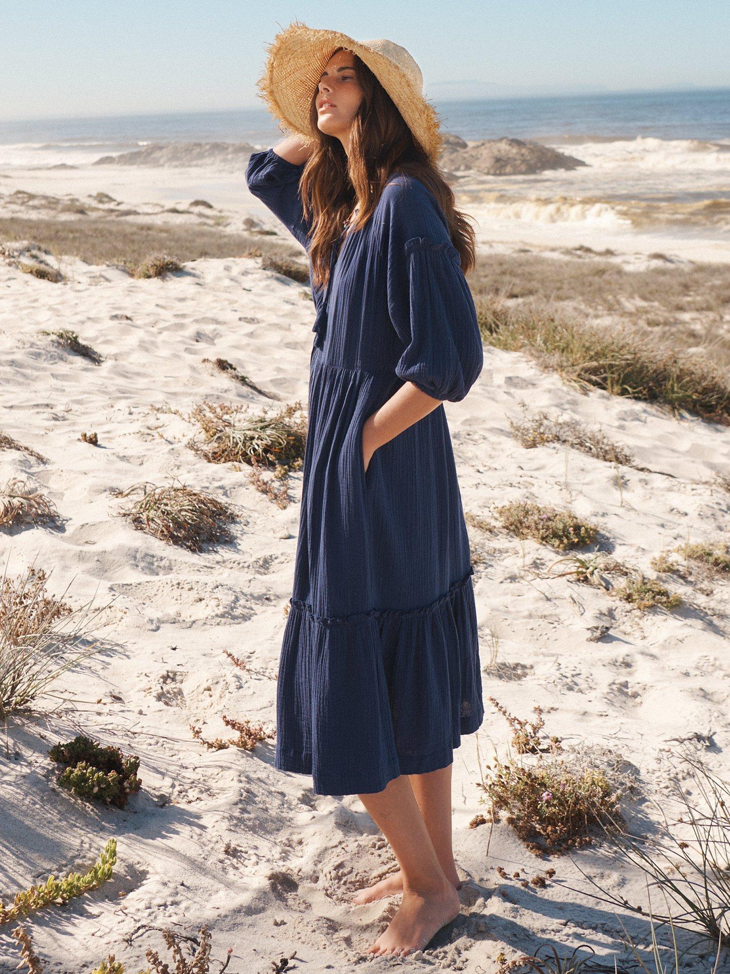 Product image 4 of 10, which shows NRBY Annalisa Cotton Double Gauze Midi Dress, Navy, M