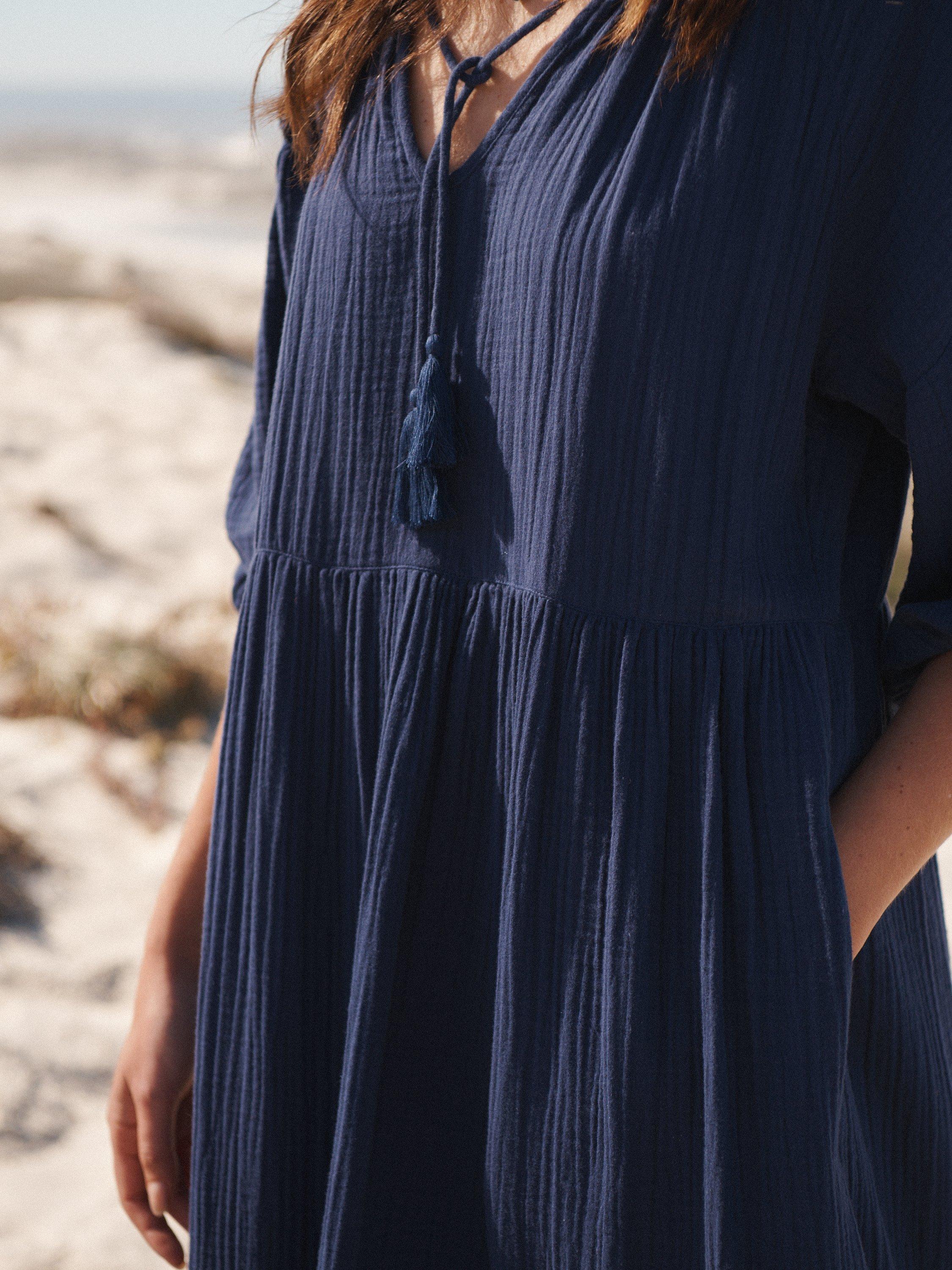 Product image 6 of 10, which shows NRBY Annalisa Cotton Double Gauze Midi Dress, Navy, M