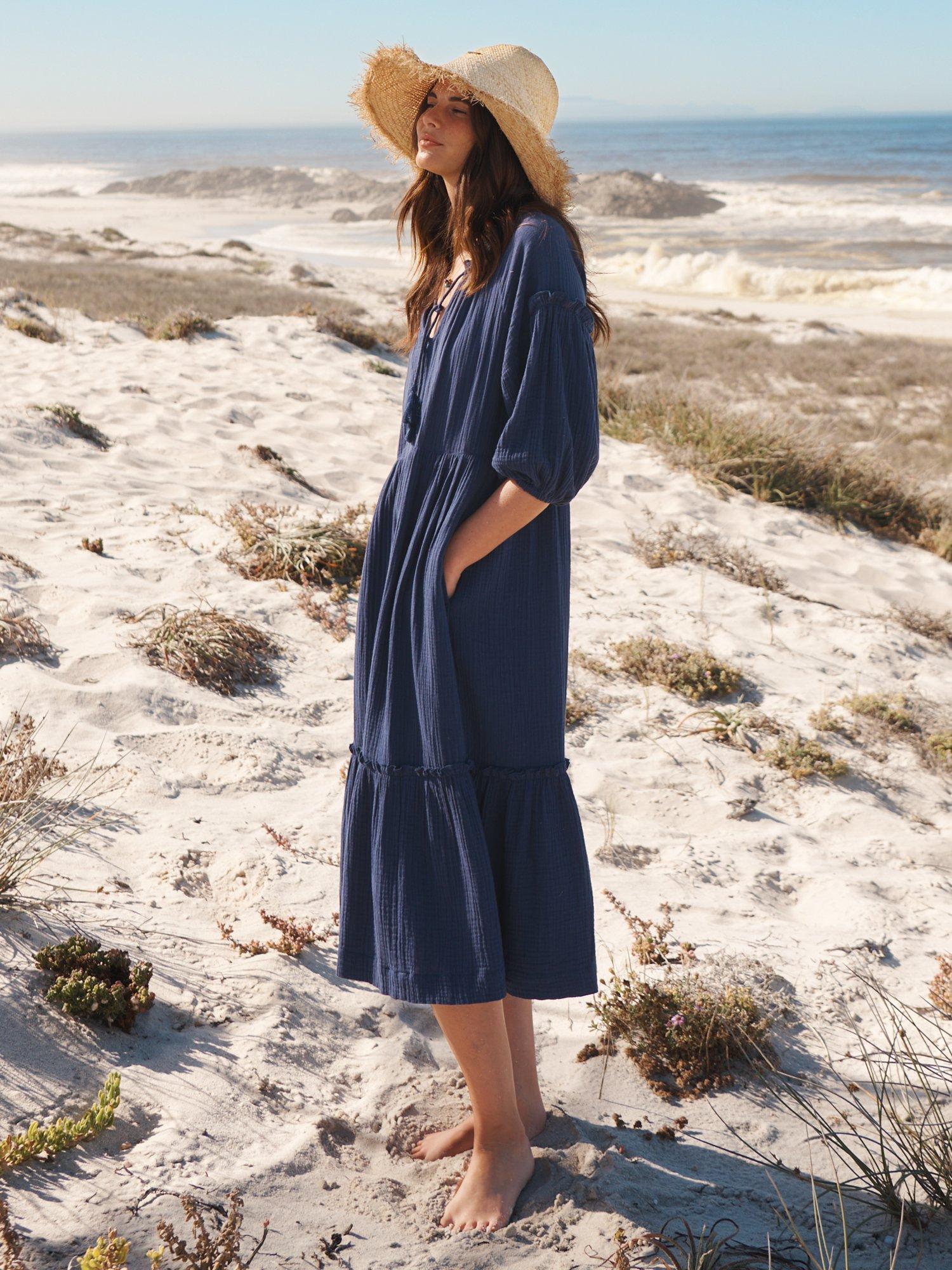 Product image 7 of 10, which shows NRBY Annalisa Cotton Double Gauze Midi Dress, Navy, M