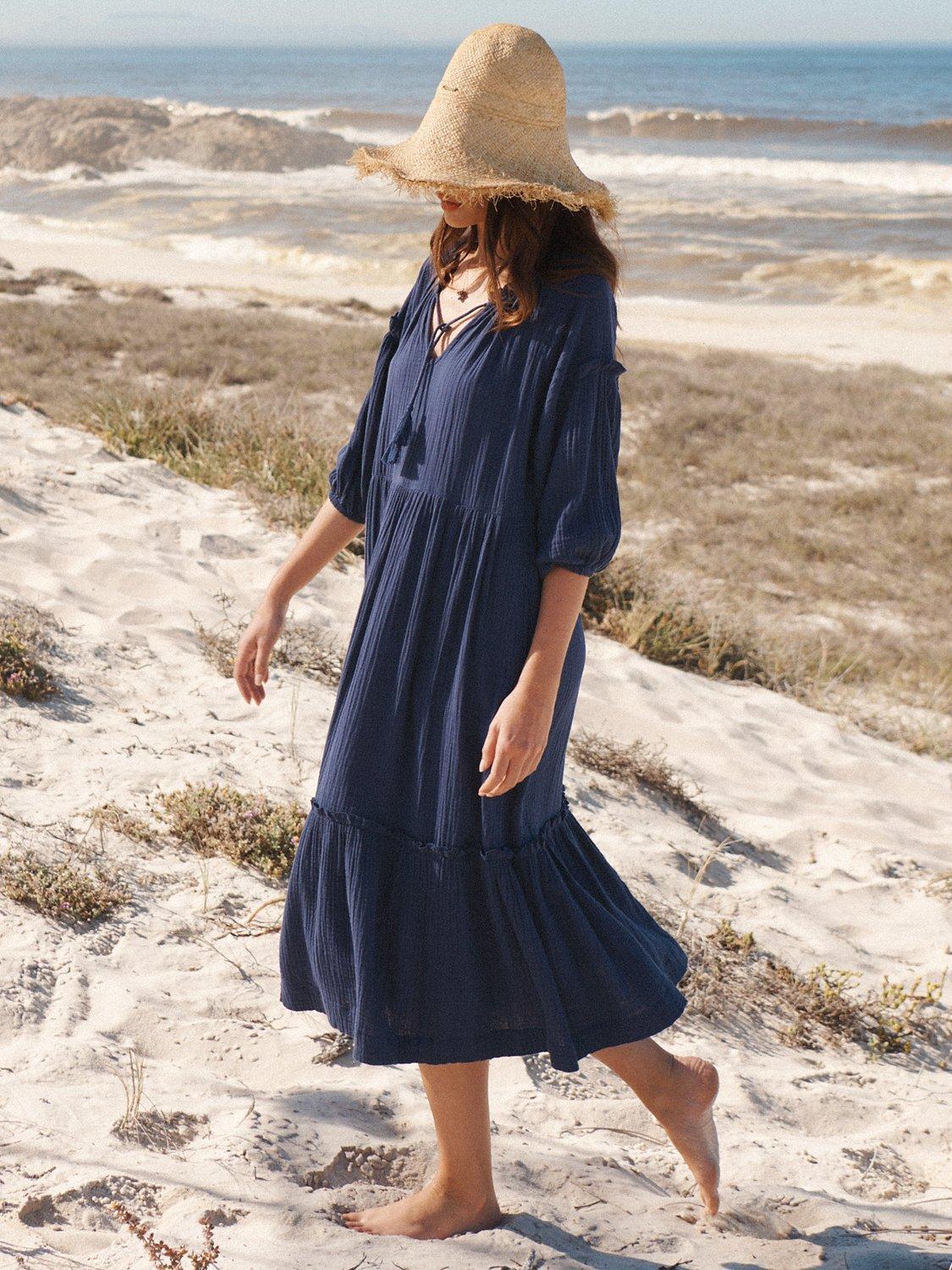 Product image 8 of 10, which shows NRBY Annalisa Cotton Double Gauze Midi Dress, Navy, M