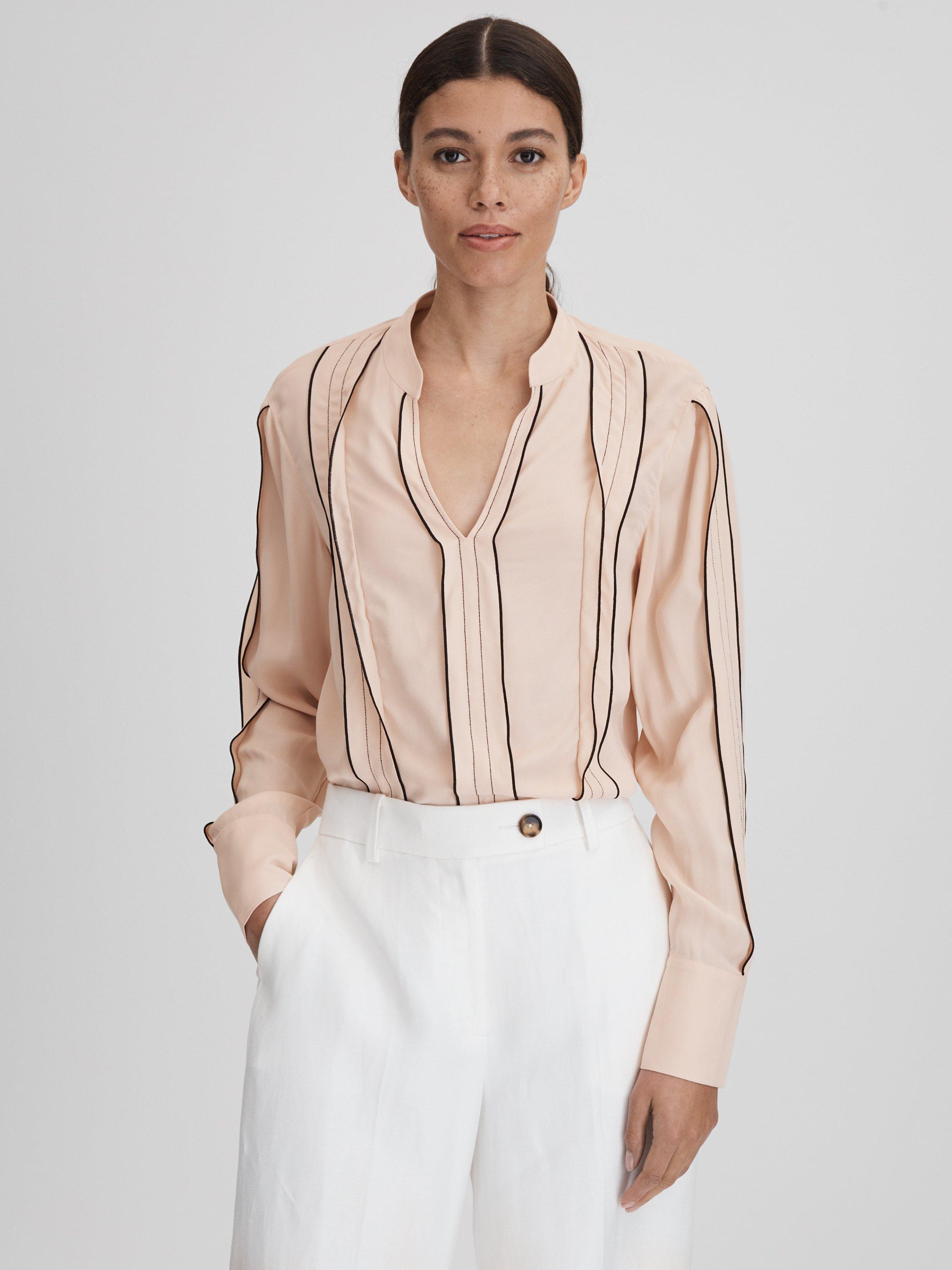 Reiss Mia Contrast Trim Ruffle Detail Blouse, Nude/Black