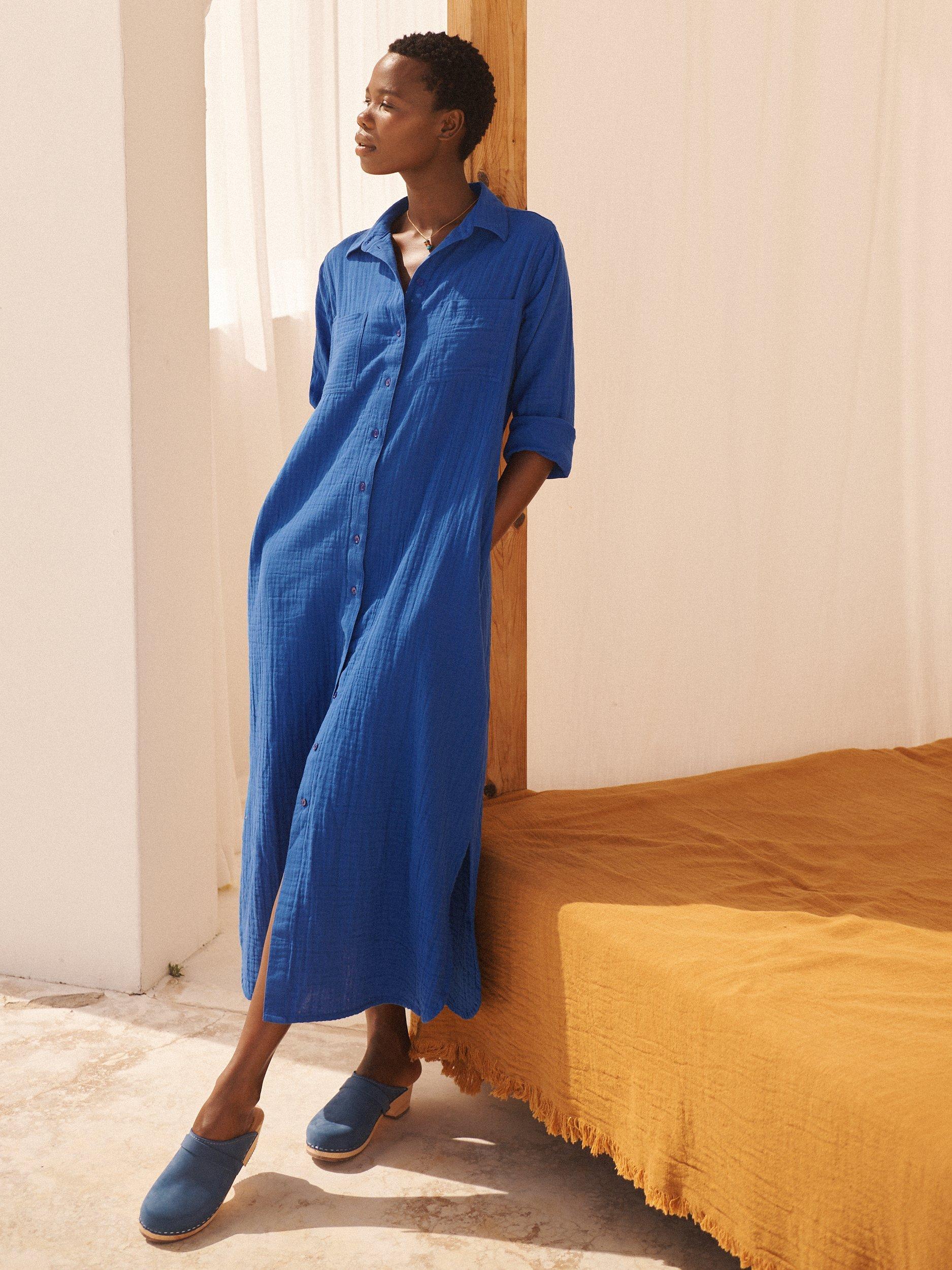 Product image 1 of 8, which shows NRBY Carmen Cotton Double Gauze Midi Shirt Dress, Blue Cobalt, S