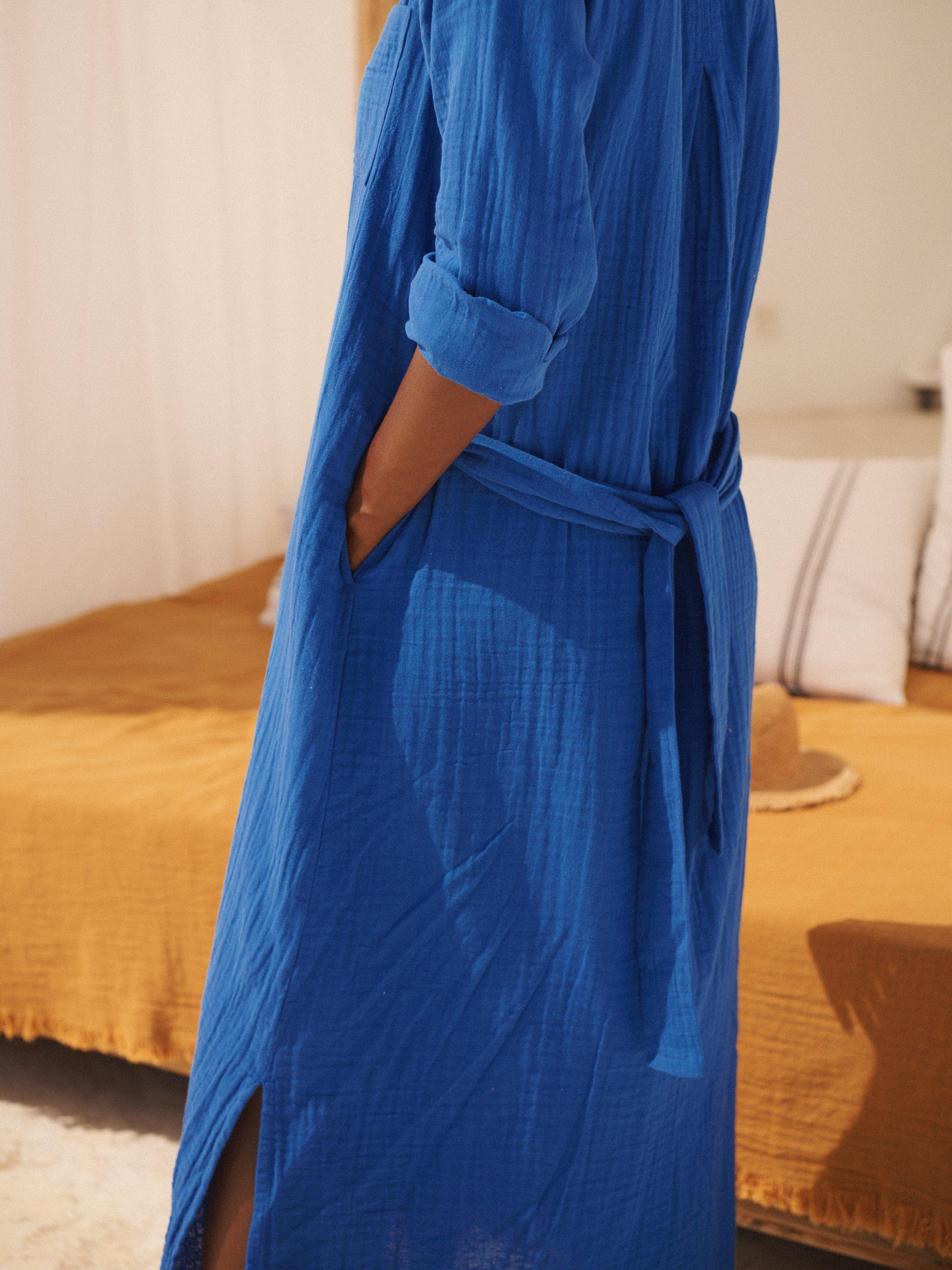 Product image 2 of 8, which shows NRBY Carmen Cotton Double Gauze Midi Shirt Dress, Blue Cobalt, S