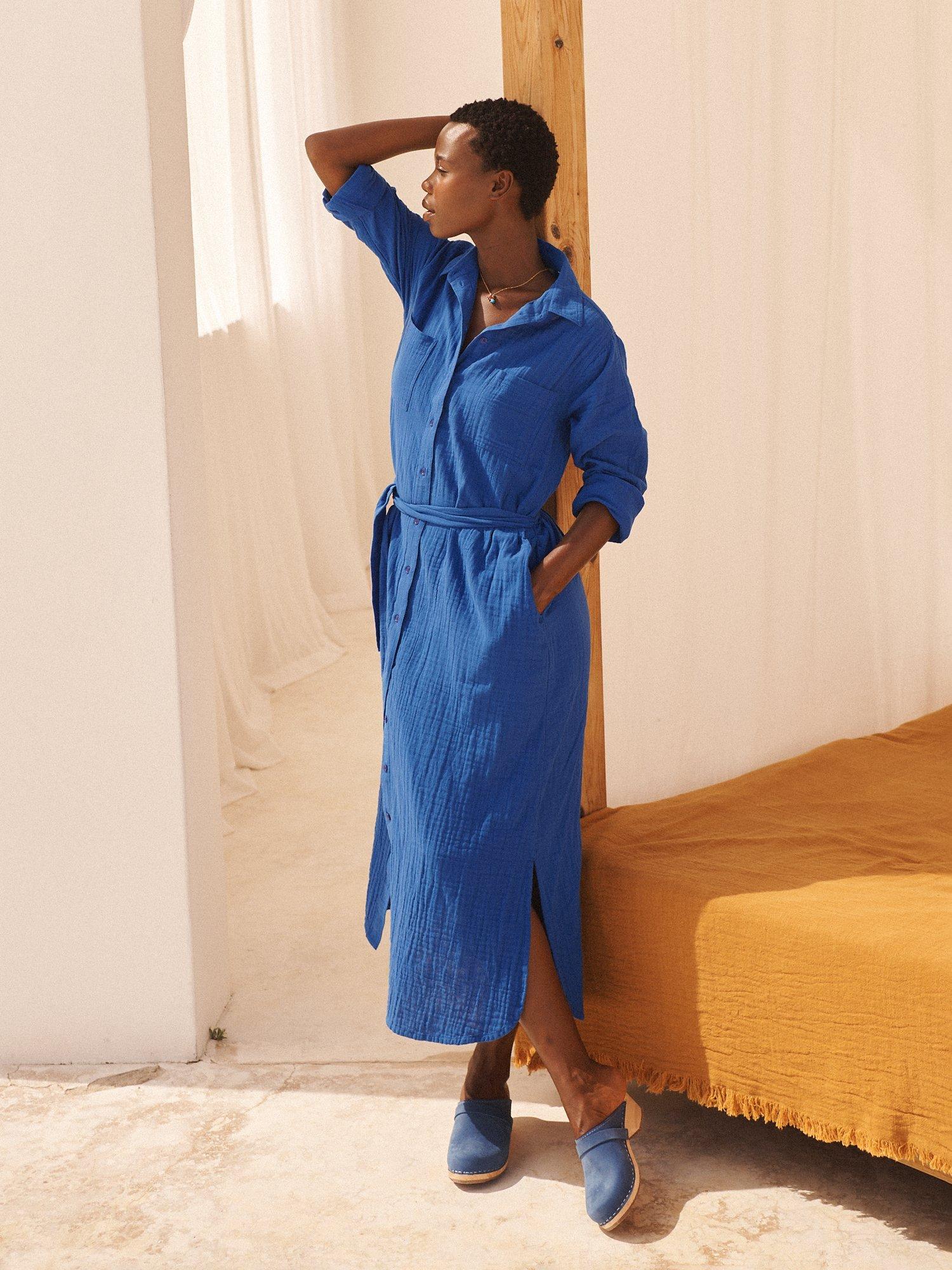 Product image 3 of 8, which shows NRBY Carmen Cotton Double Gauze Midi Shirt Dress, Blue Cobalt, S