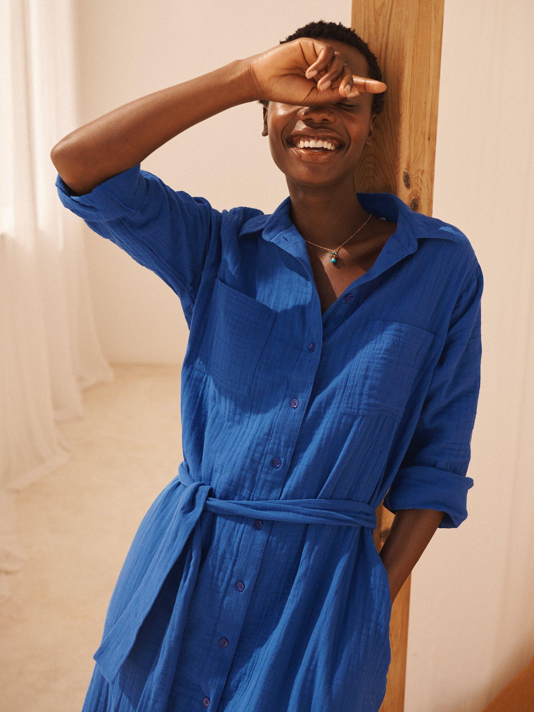 Product image 4 of 8, which shows NRBY Carmen Cotton Double Gauze Midi Shirt Dress, Blue Cobalt, S