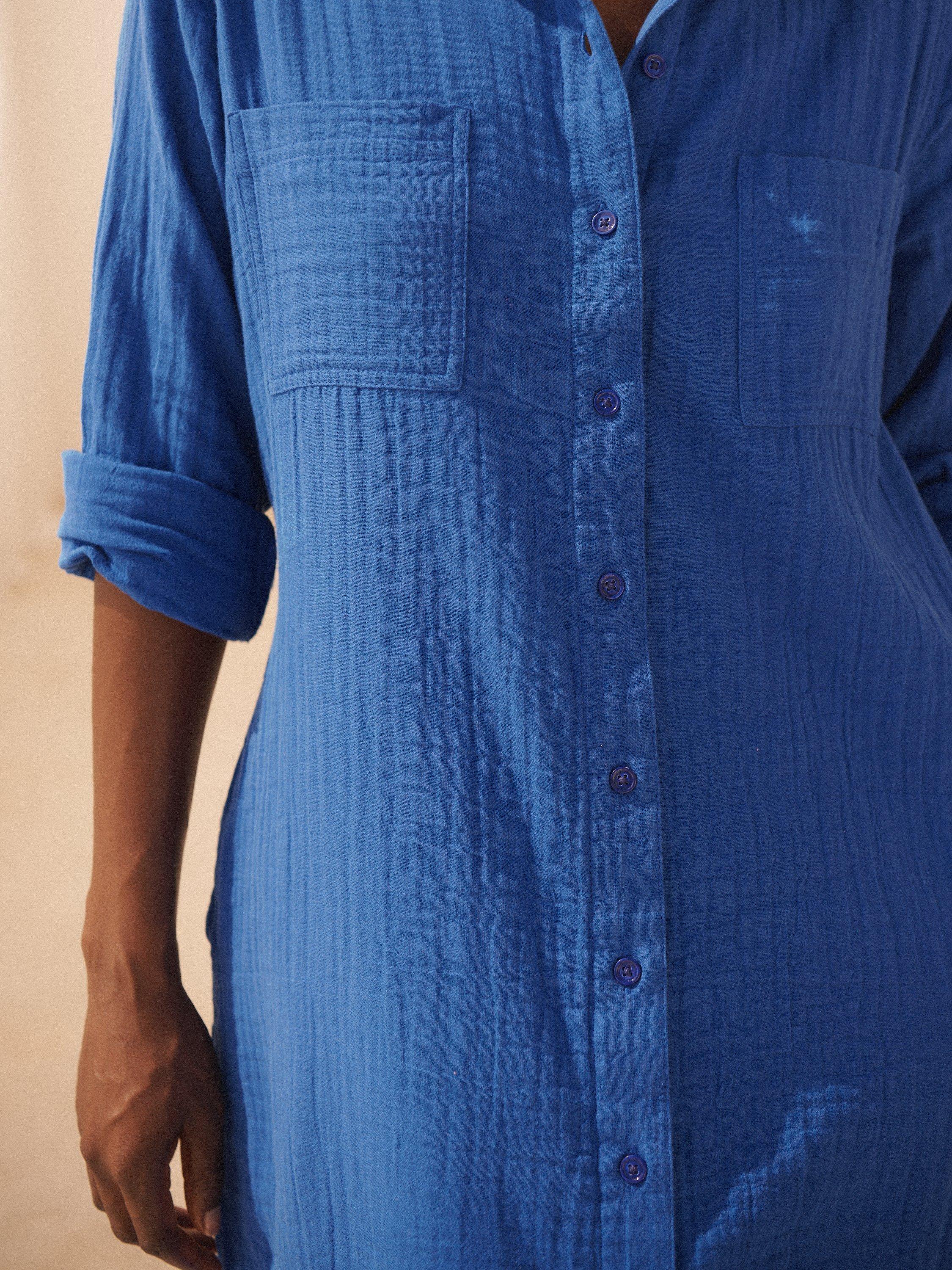 Product image 5 of 8, which shows NRBY Carmen Cotton Double Gauze Midi Shirt Dress, Blue Cobalt, S