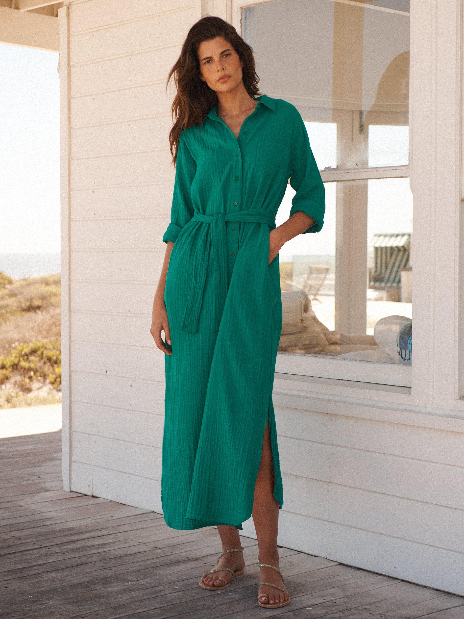 Product image 1 of 9, which shows NRBY Carmen Cotton Double Gauze Midi Shirt Dress, Sea Green, S