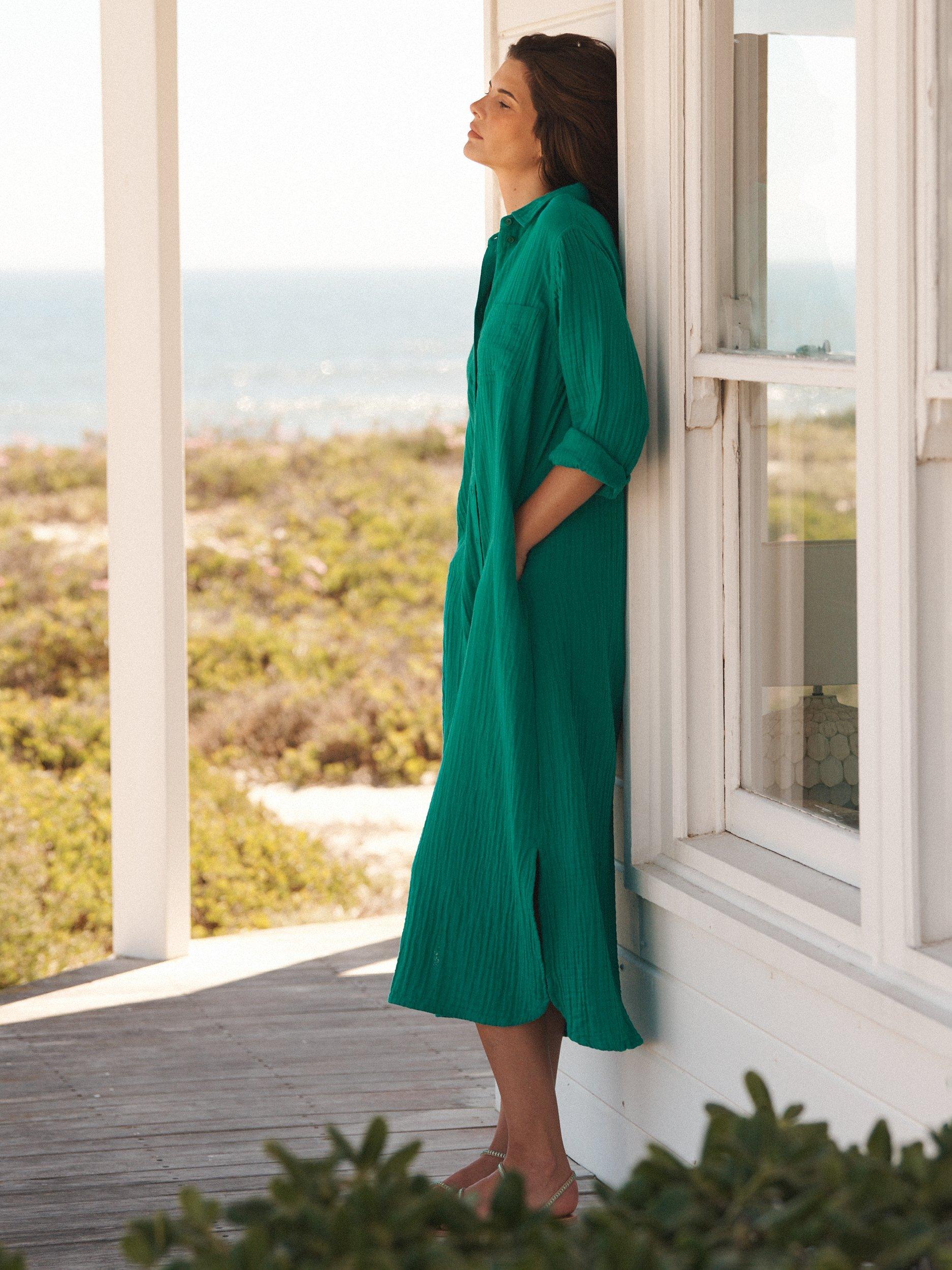 Product image 5 of 9, which shows NRBY Carmen Cotton Double Gauze Midi Shirt Dress, Sea Green, S