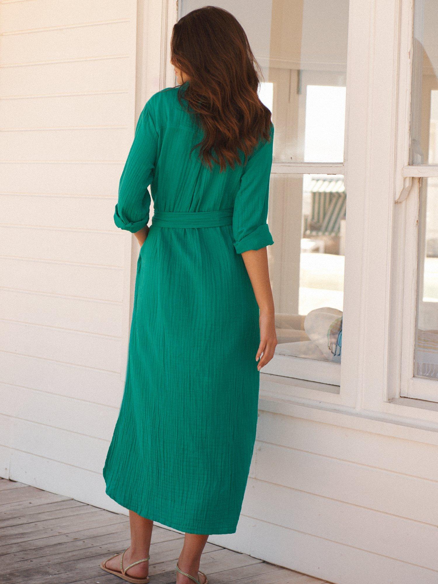 Product image 6 of 9, which shows NRBY Carmen Cotton Double Gauze Midi Shirt Dress, Sea Green, S