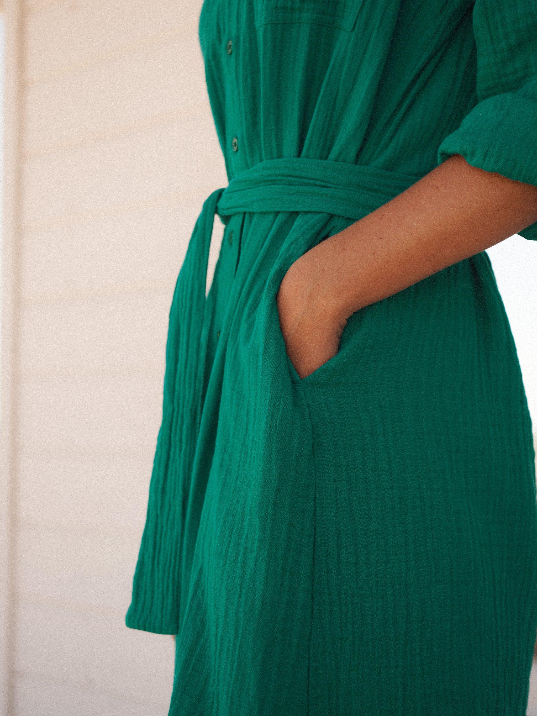 Product image 7 of 9, which shows NRBY Carmen Cotton Double Gauze Midi Shirt Dress, Sea Green, S