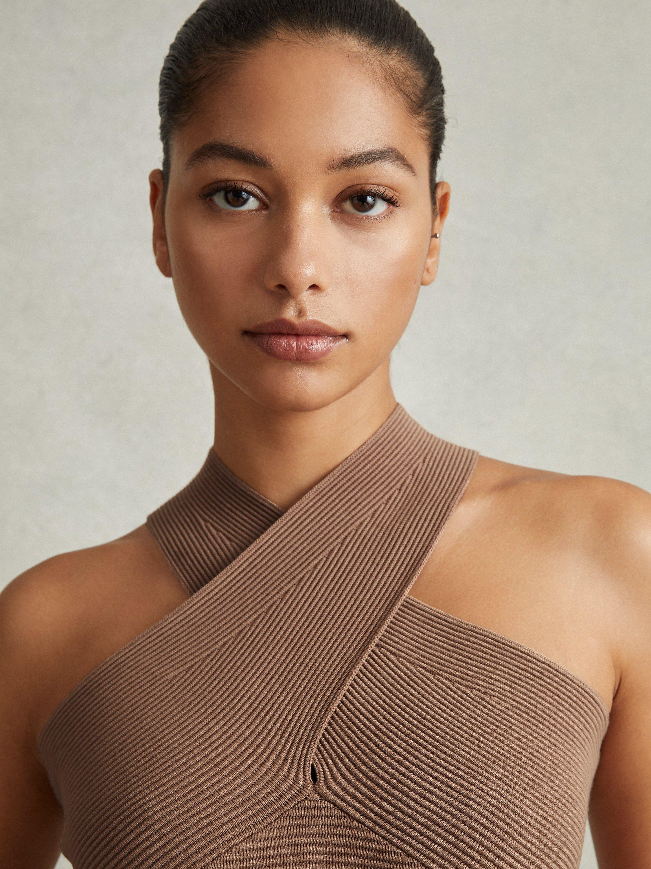 Reiss Darla Cross Over Neck Ribbed Top, Neutral