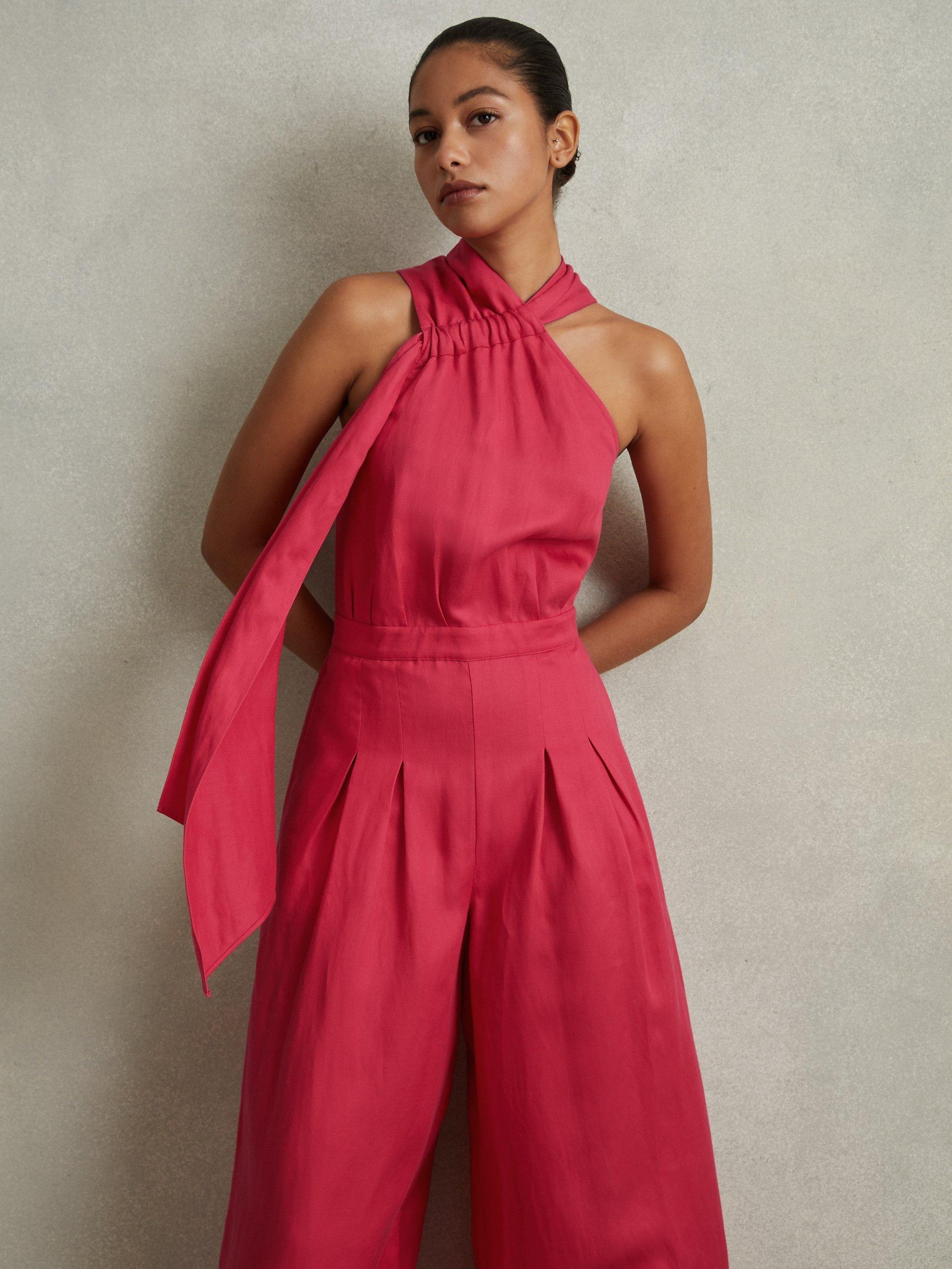 Reiss Selena Linen Blend Wide Leg Jumpsuit, Coral