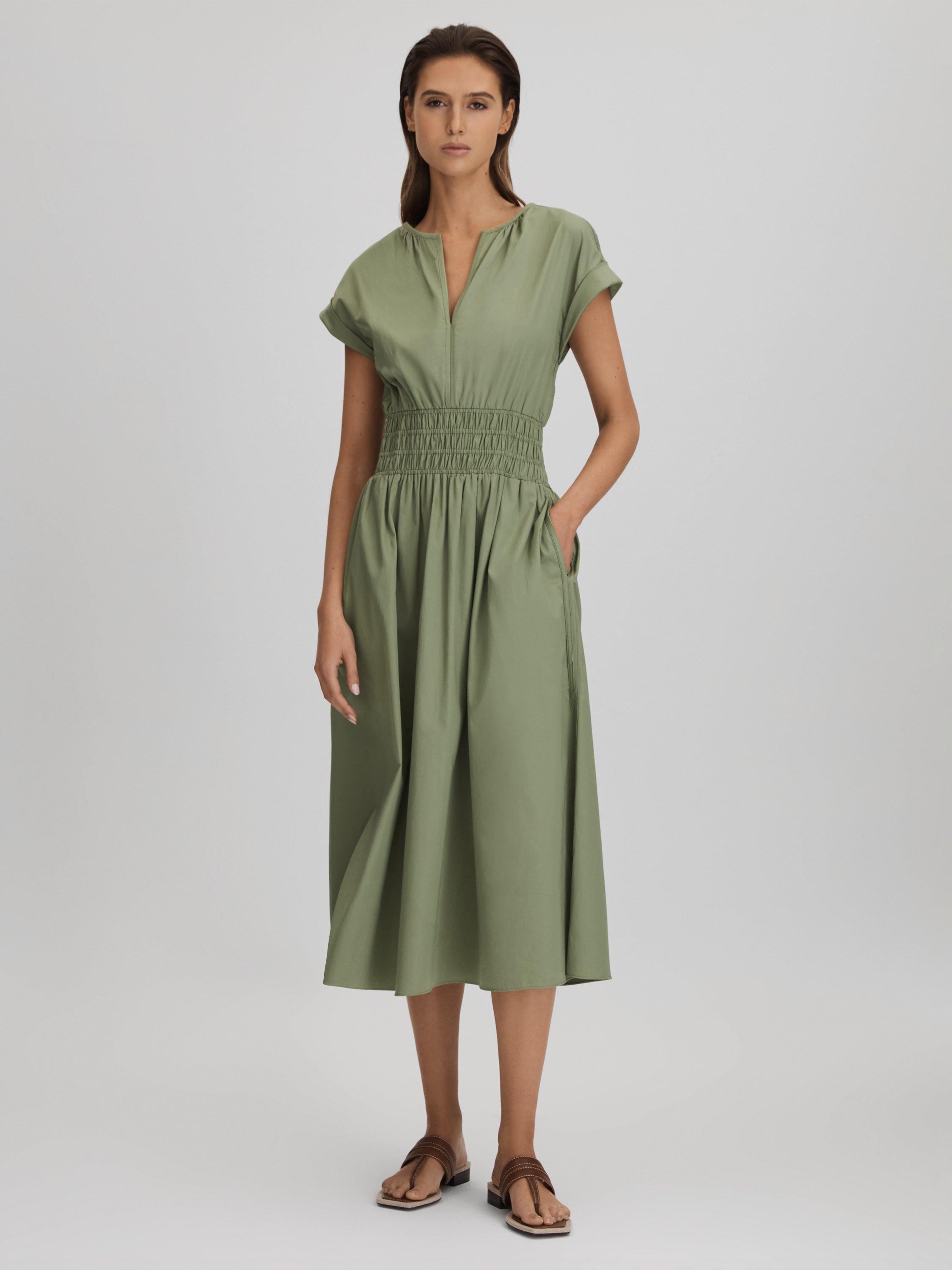 Reiss Lena Ruched Waist Cotton Midi Dress