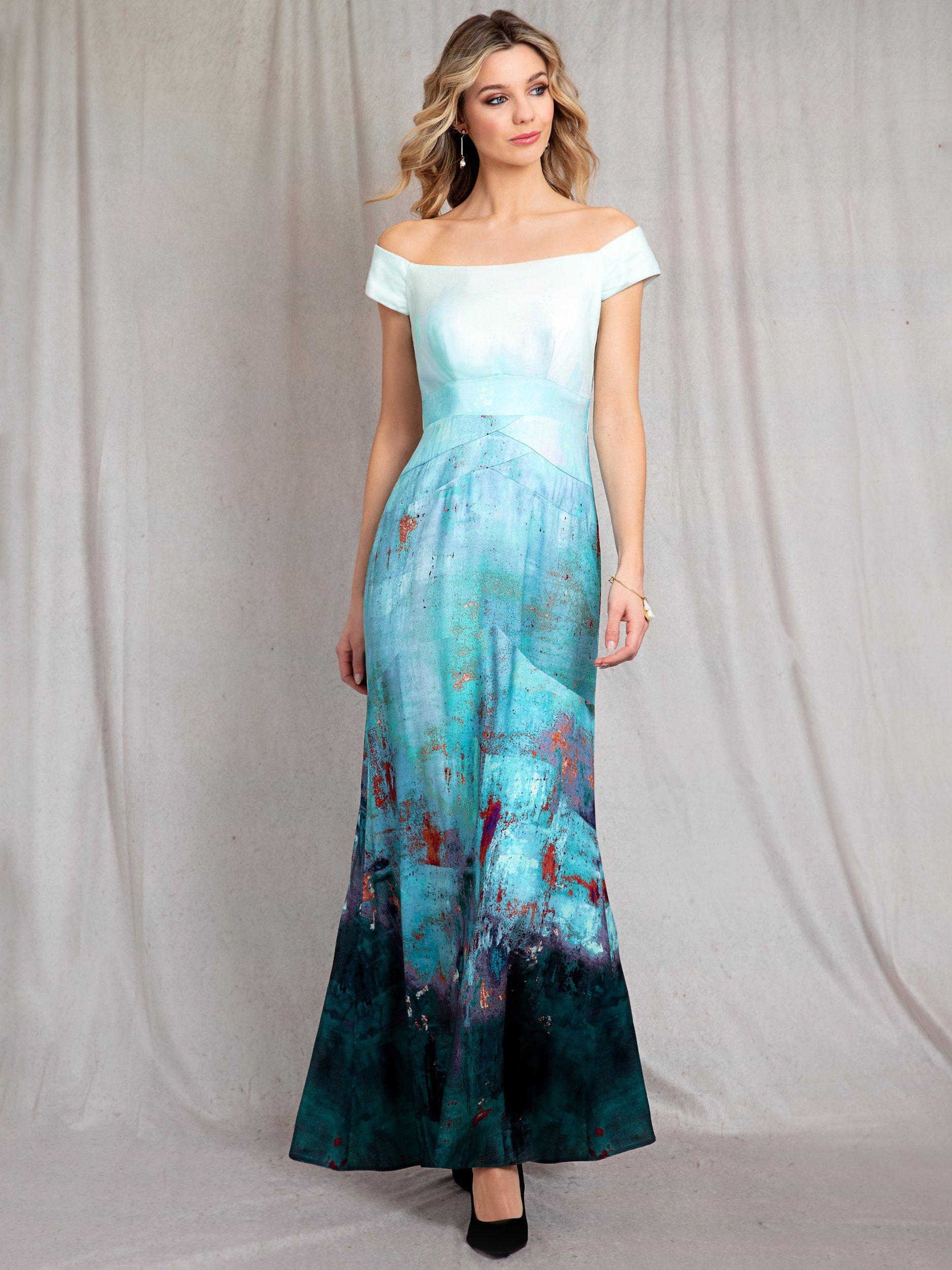 Product image 1 of 7, which shows Alie Street Jasmine Abstract Off The Shoulder Maxi Dress, Aquatic Ombre, 6-8
