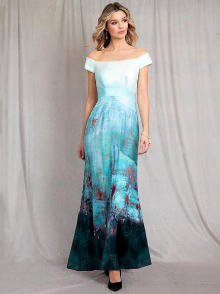 Alie Street Jasmine Abstract Off The Shoulder Maxi Dress, Aquatic Ombre, Aquatic Ombre