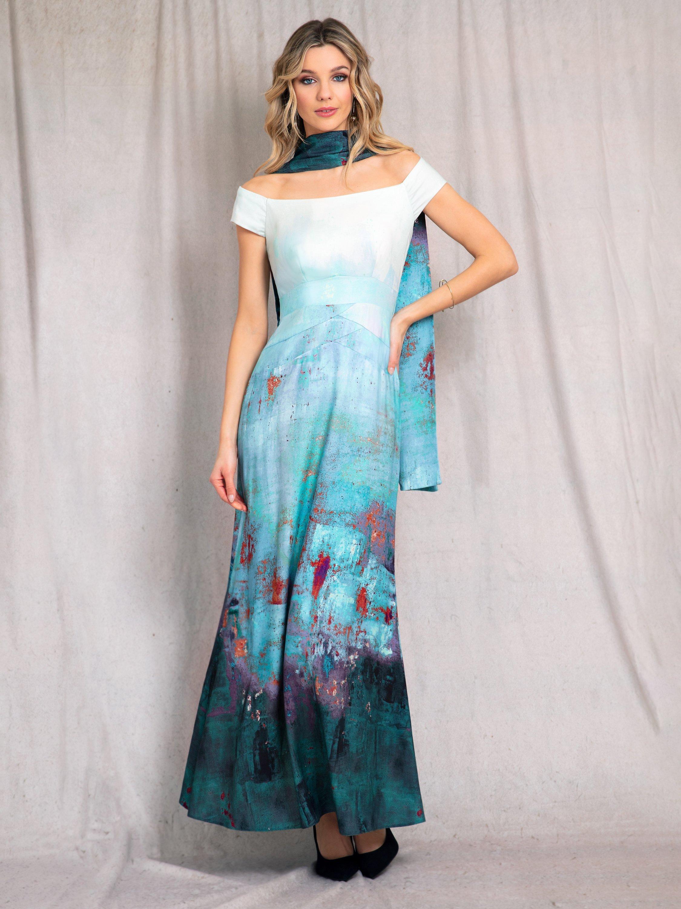 Product image 3 of 7, which shows Alie Street Jasmine Abstract Off The Shoulder Maxi Dress, Aquatic Ombre, 6-8