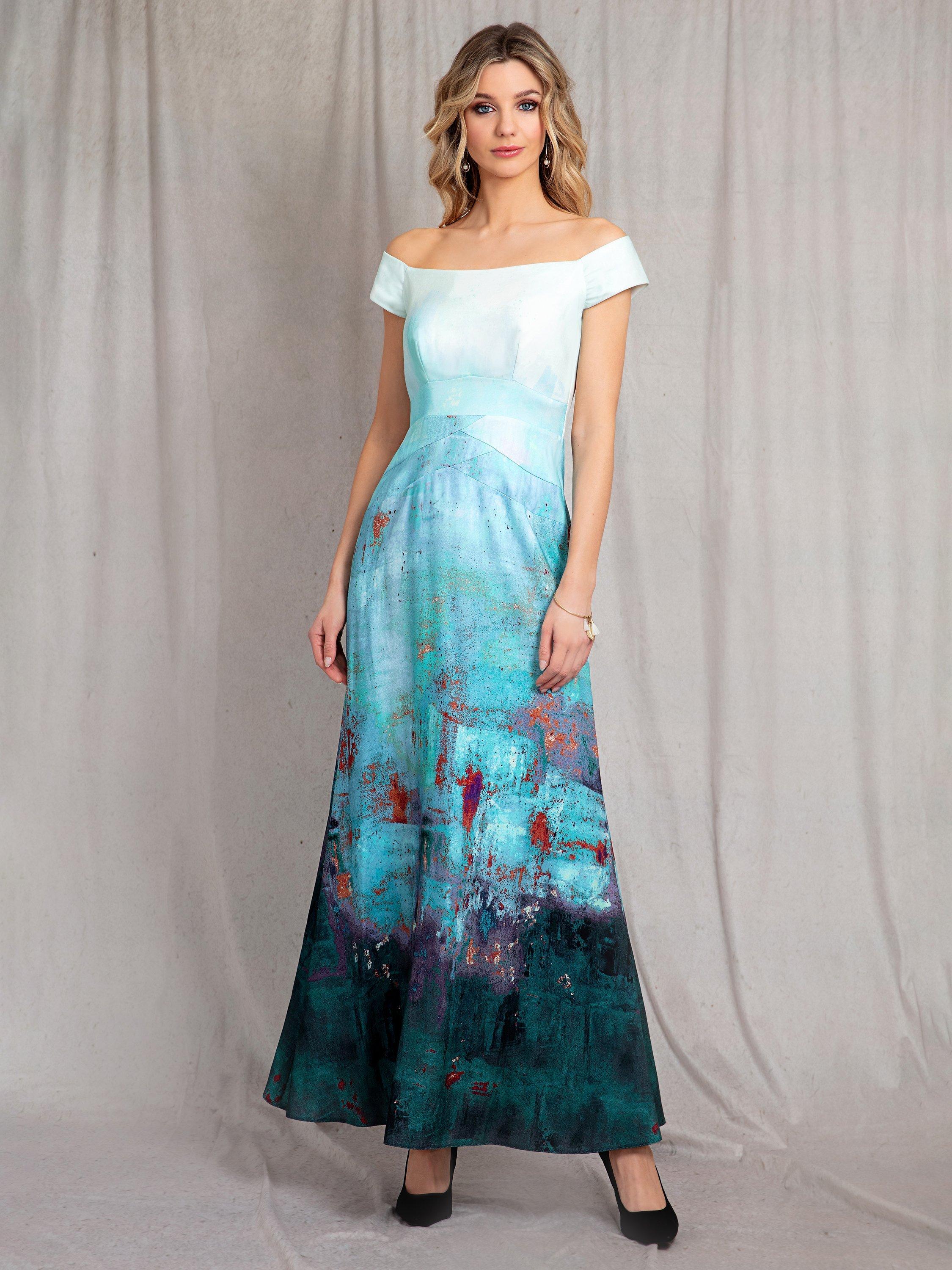 Product image 4 of 7, which shows Alie Street Jasmine Abstract Off The Shoulder Maxi Dress, Aquatic Ombre, 6-8