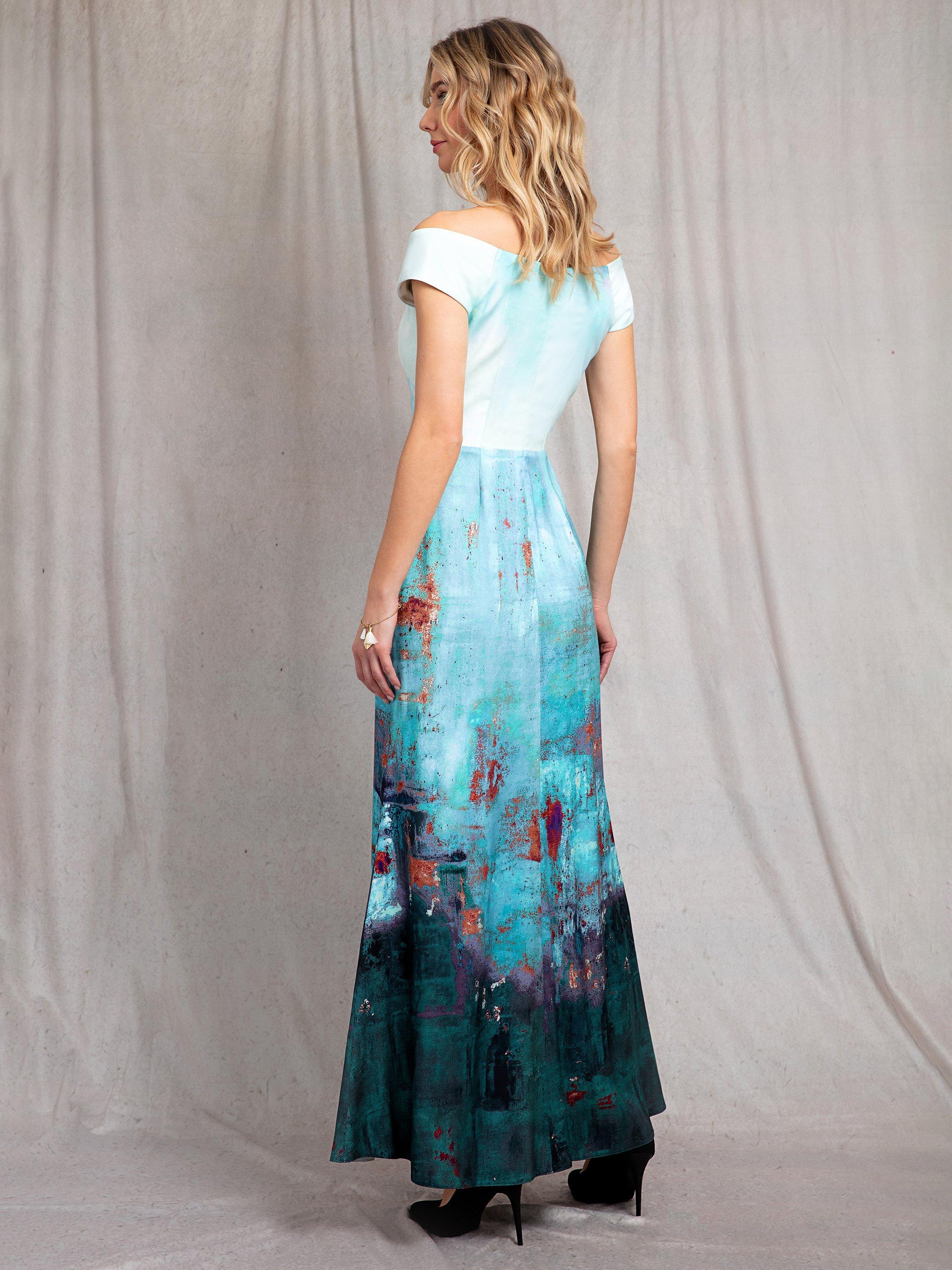 Product image 5 of 7, which shows Alie Street Jasmine Abstract Off The Shoulder Maxi Dress, Aquatic Ombre, 6-8
