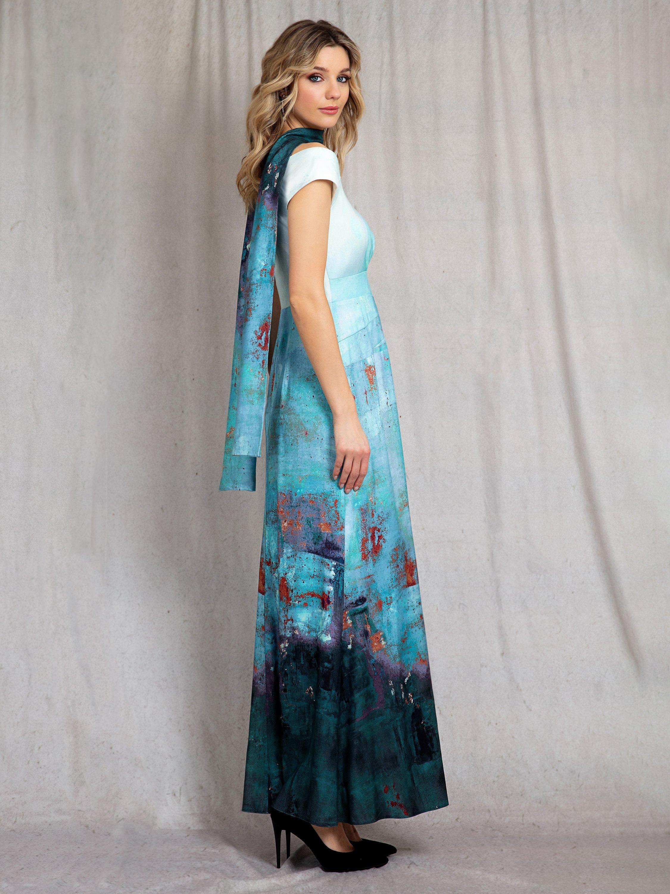 Product image 6 of 7, which shows Alie Street Jasmine Abstract Off The Shoulder Maxi Dress, Aquatic Ombre, 6-8