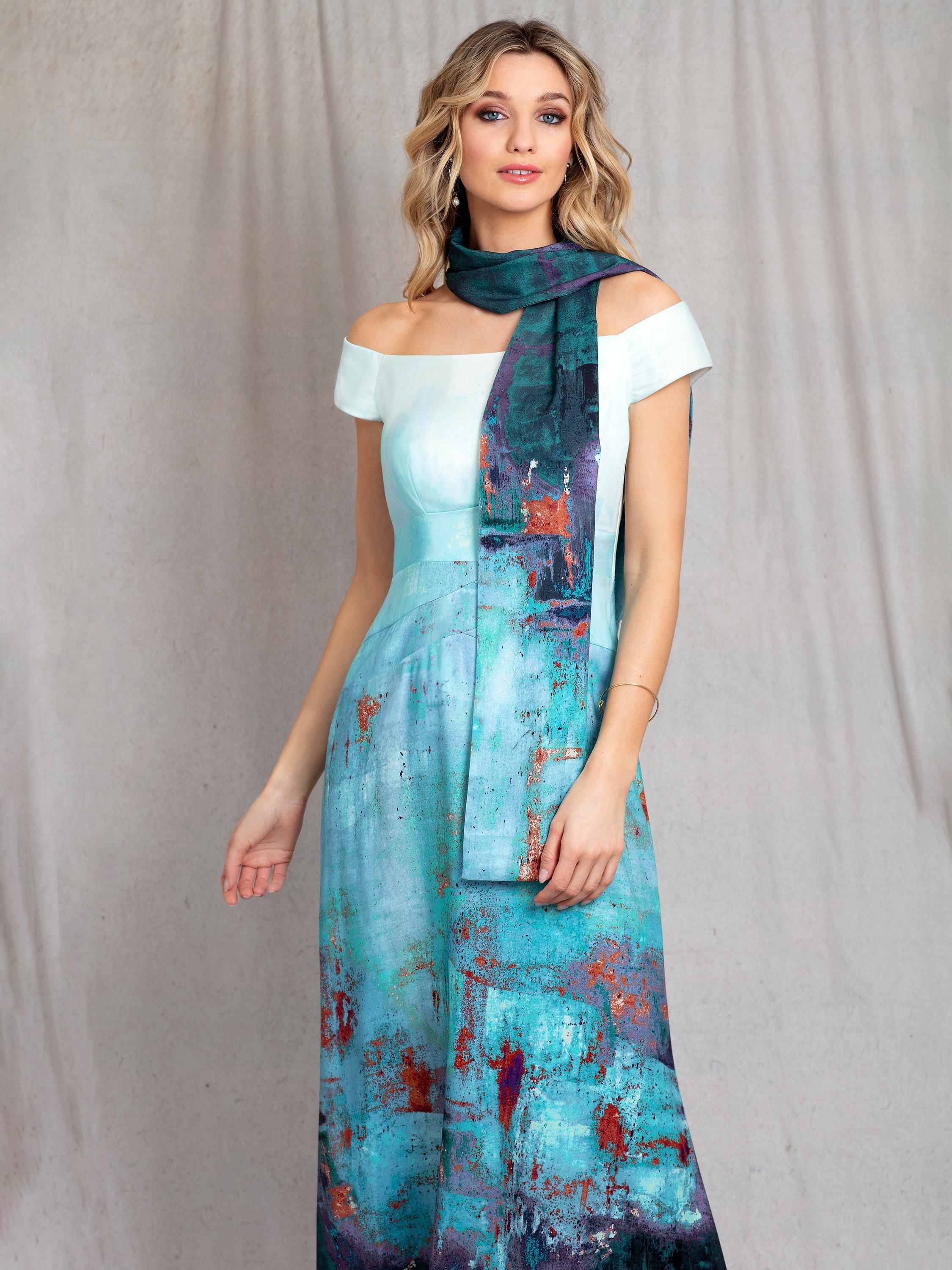 Product image 7 of 7, which shows Alie Street Jasmine Abstract Off The Shoulder Maxi Dress, Aquatic Ombre, 6-8