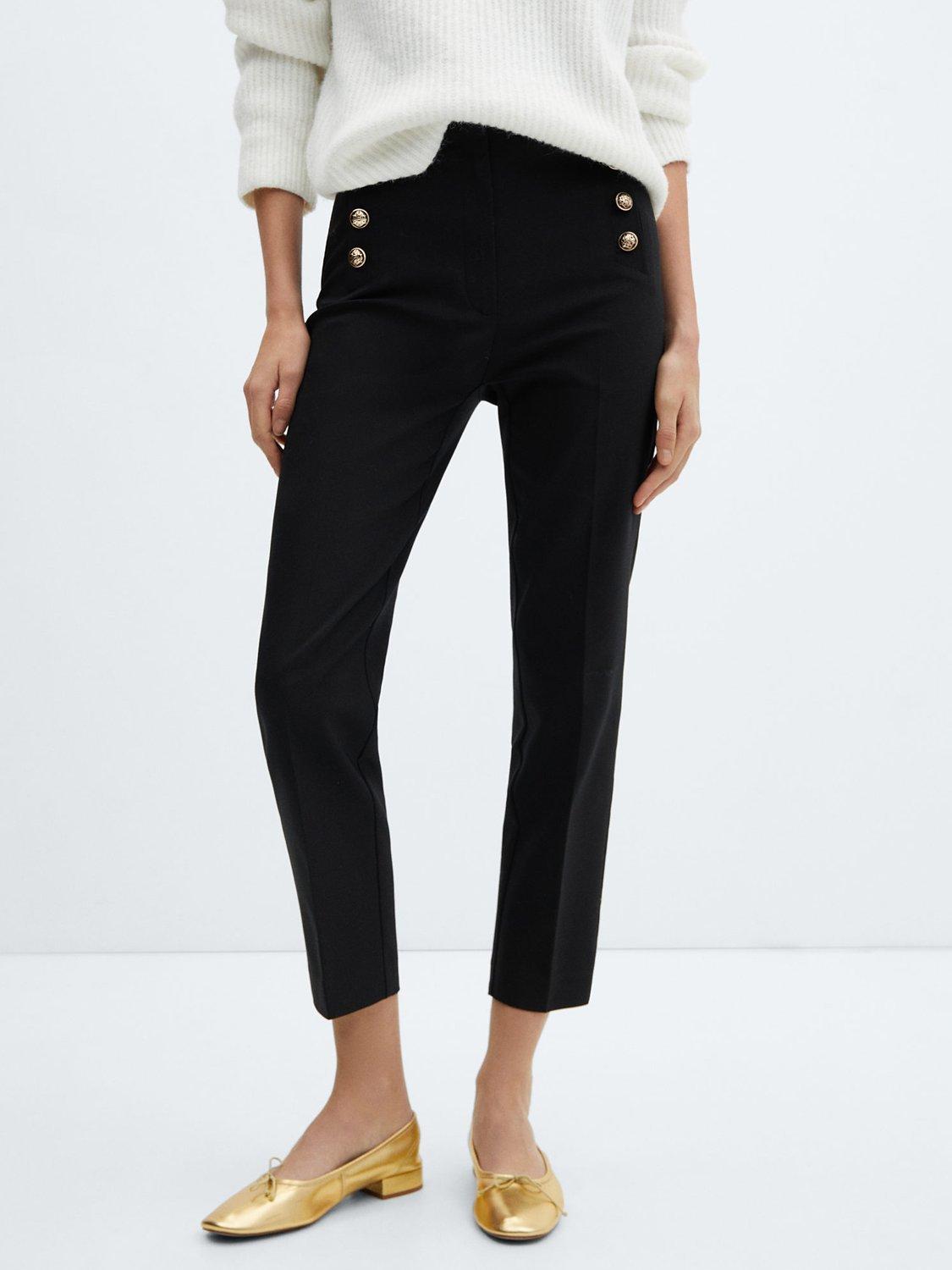 Mango Button Cropped Trousers, Black