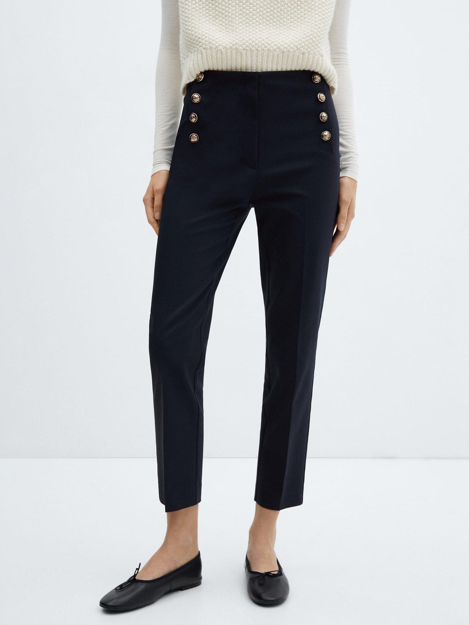 Mango Button Cropped Trousers, Navy