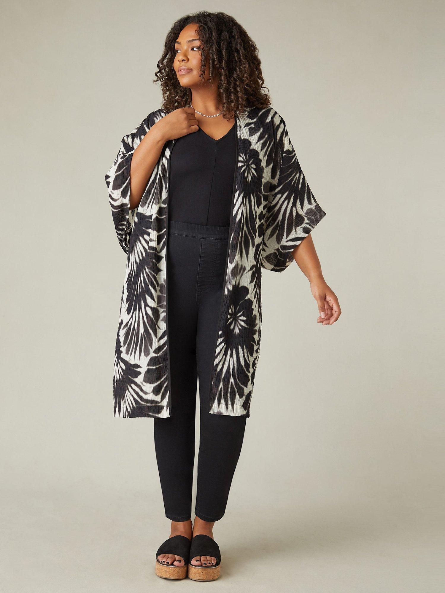 Product image 4 of 7, which shows Live Unlimited Curve Leaf Print Textured Kimono, Black/Cream, 16