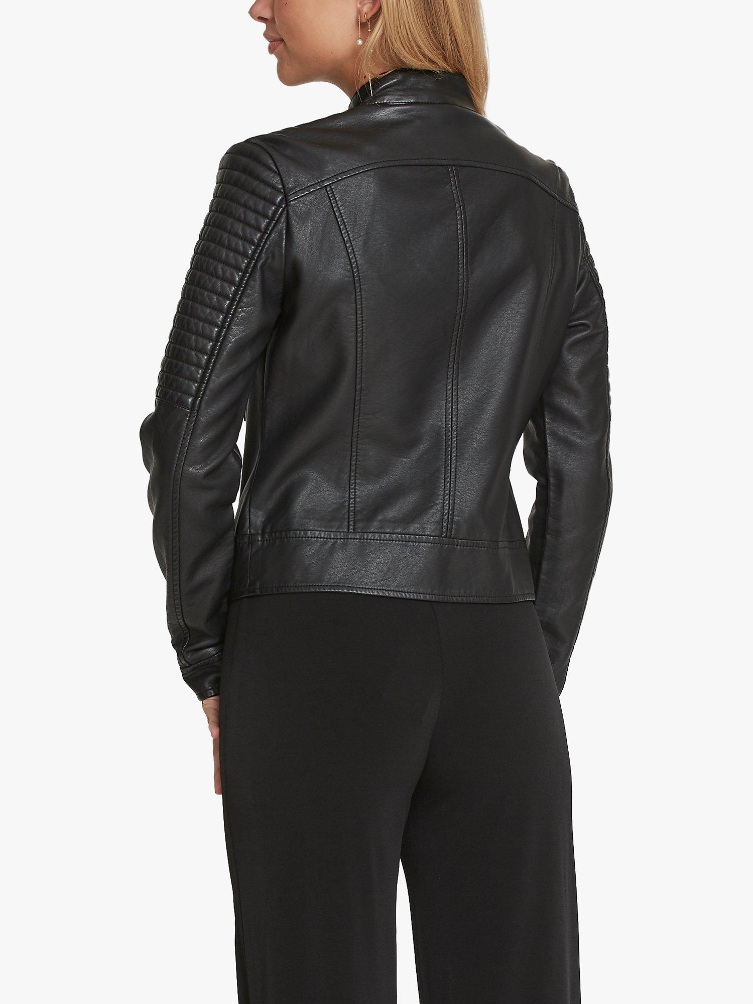 Product image 2 of 5, which shows Sisters Point Duna Faux Leather Ribbed Detail Biker Jacket, Black, XS