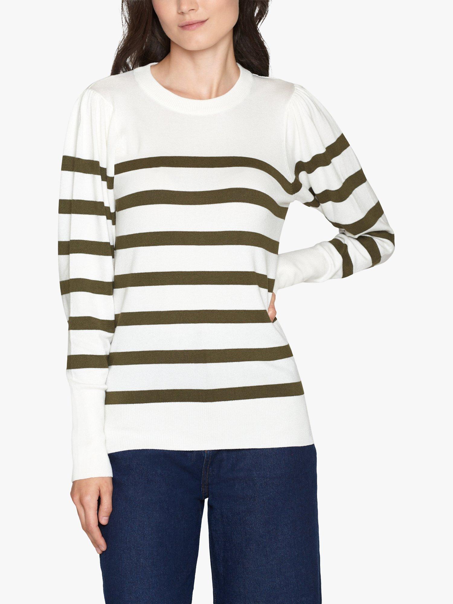 Sisters Point Knitted Striped Slim Fit Jumper, Cream/Moss