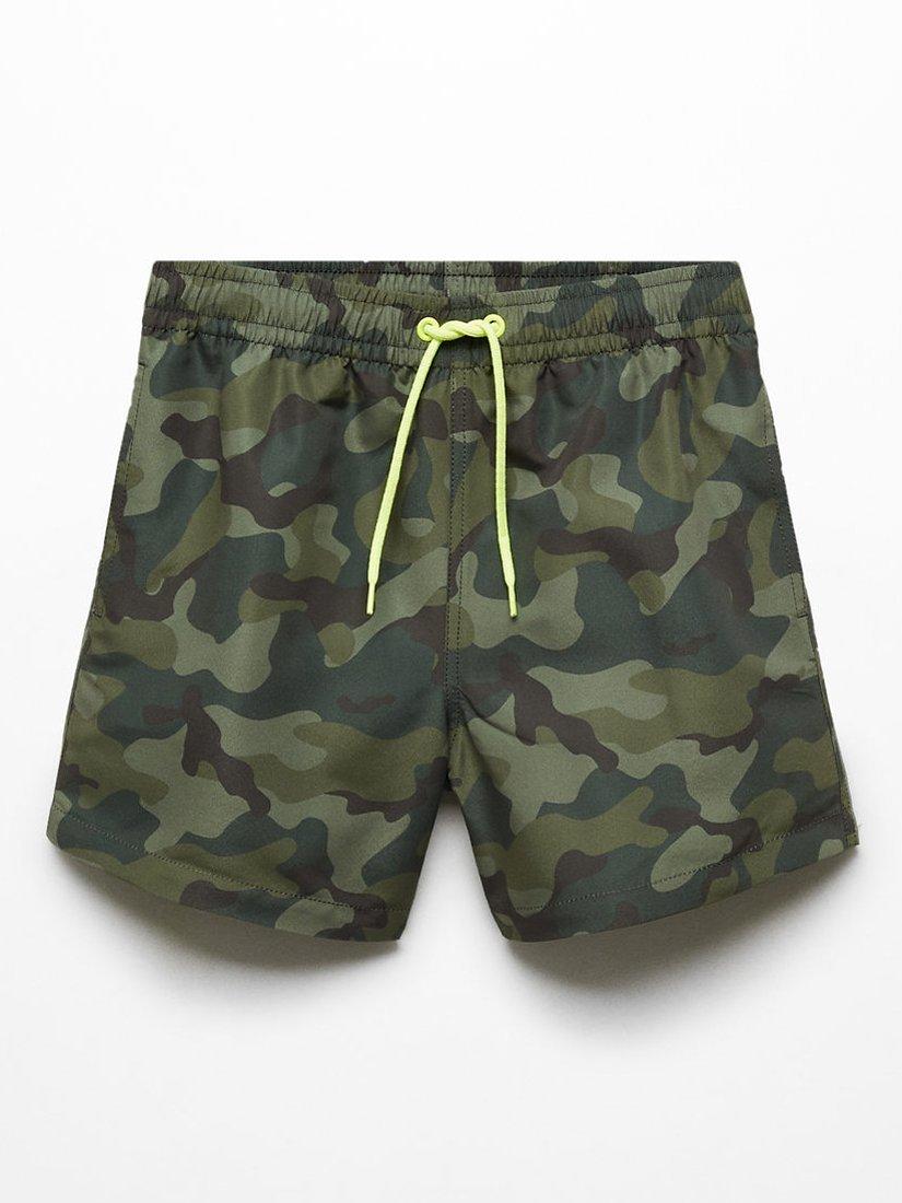 Mango Kids' Militar Camouflage Print Swim Shorts, Medium Green