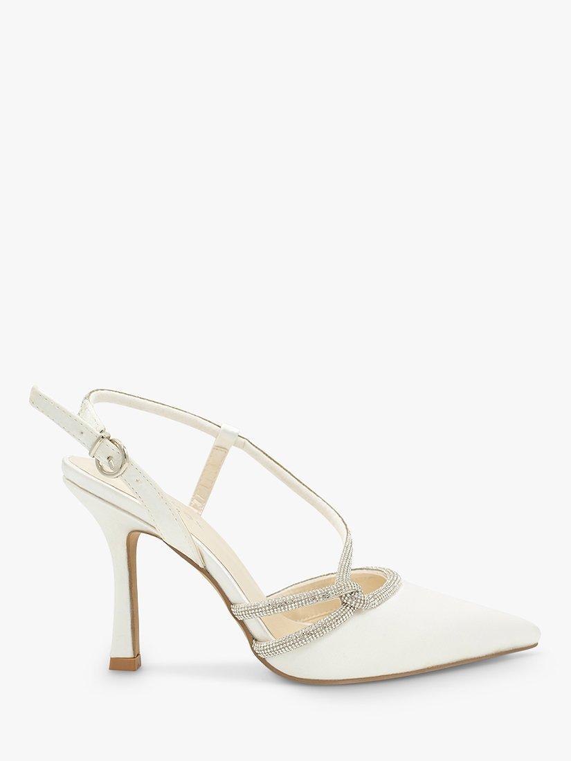 Product image 1 of 5, which shows Paradox London Calliope Embellished Satin High Heel Slingback Court Shoes, Ivory, 3