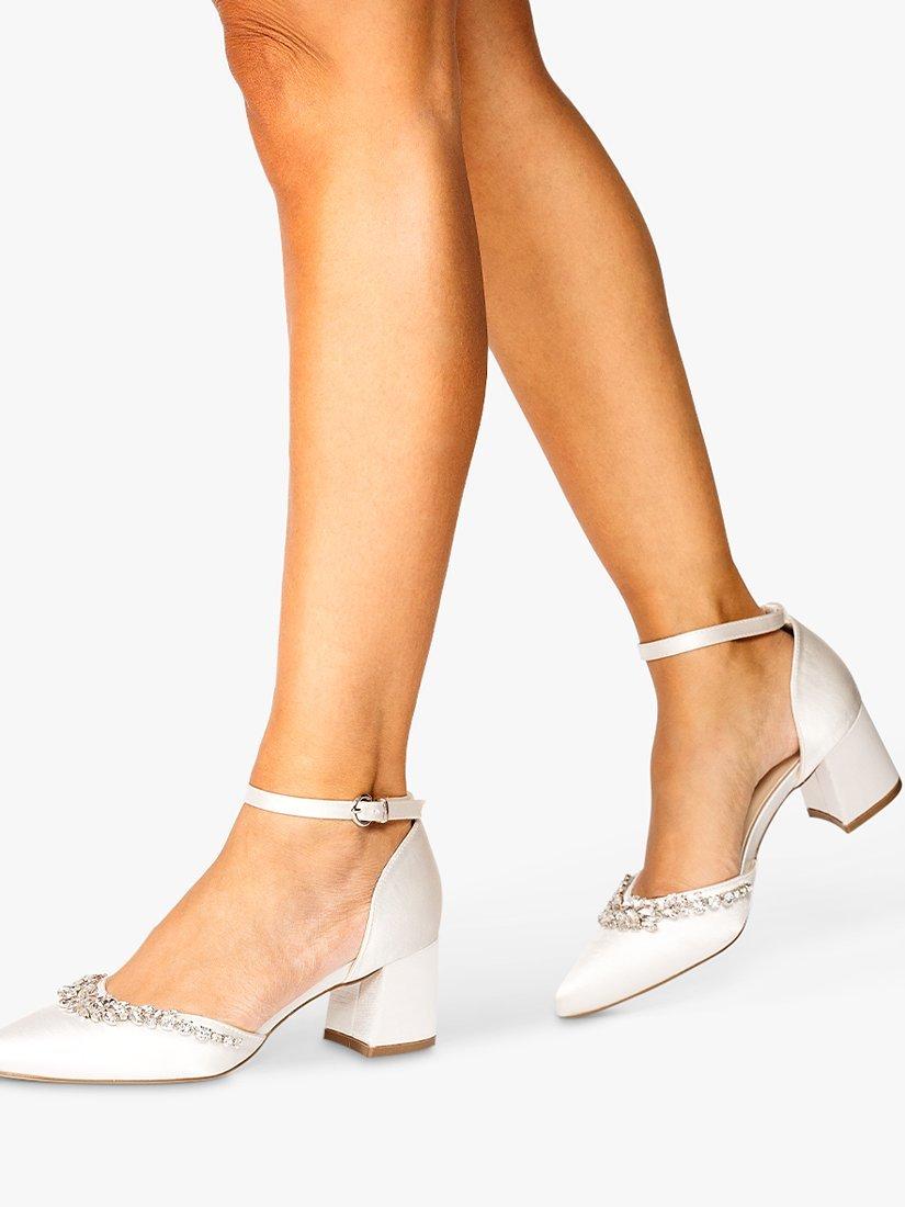 Paradox London Cinta Dyeable Embellished Satin Mid Block Heel Court Shoes Ivory
