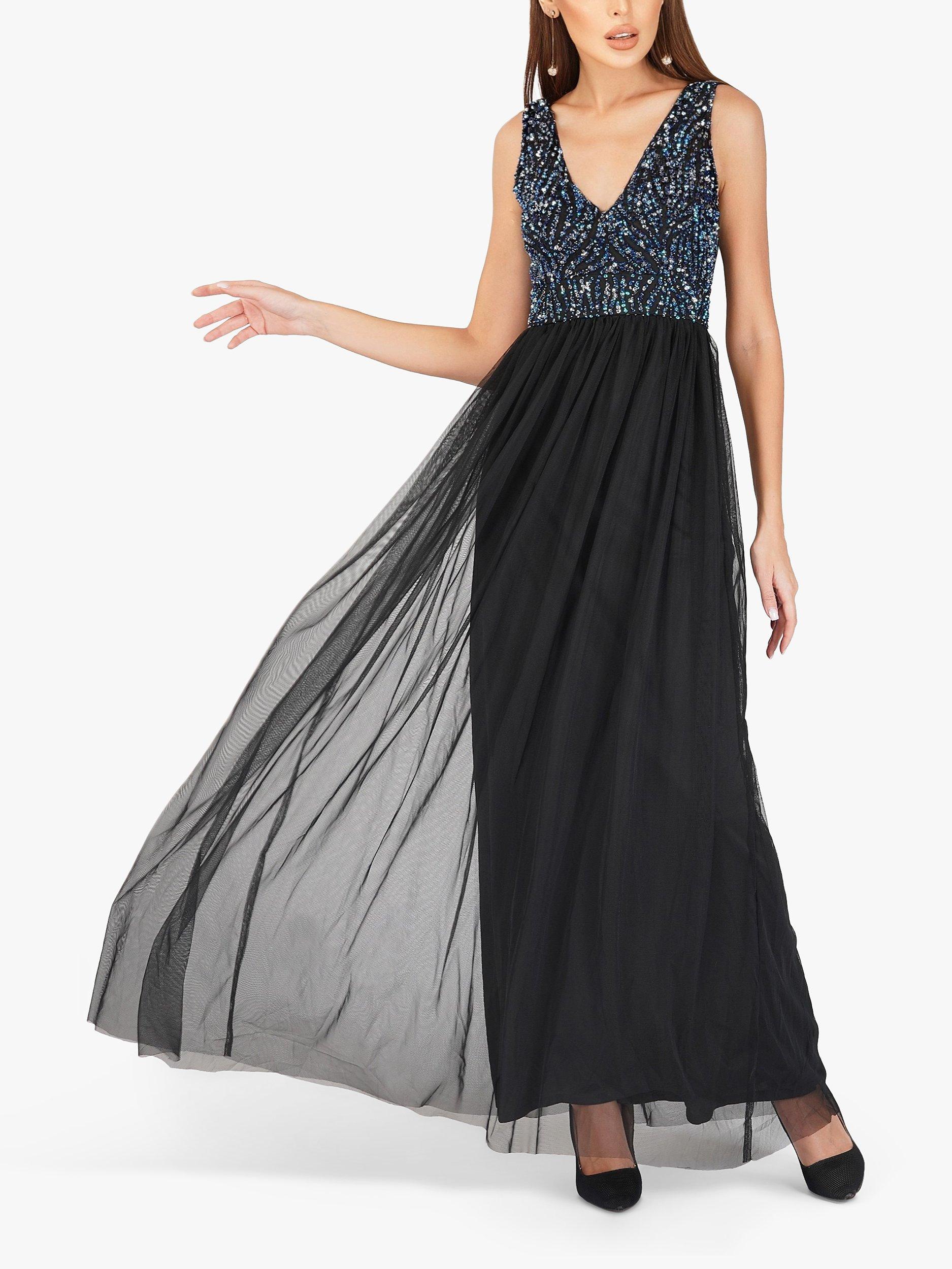 Lace & Beads Ada Embellished Layered Mesh Maxi Dress, Black, 8