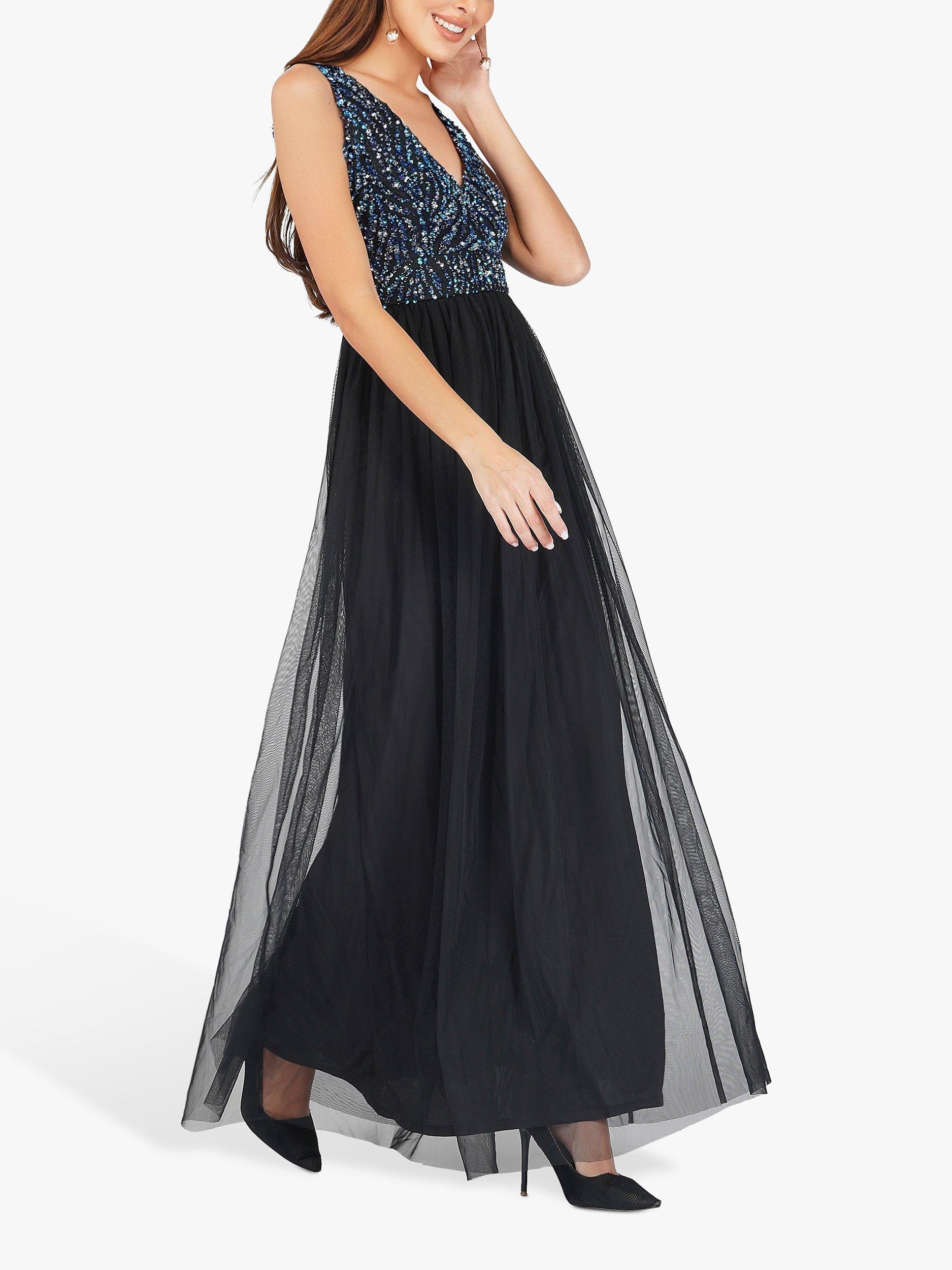 Lace & Beads Ada Embellished Layered Mesh Maxi Dress, Black, 8