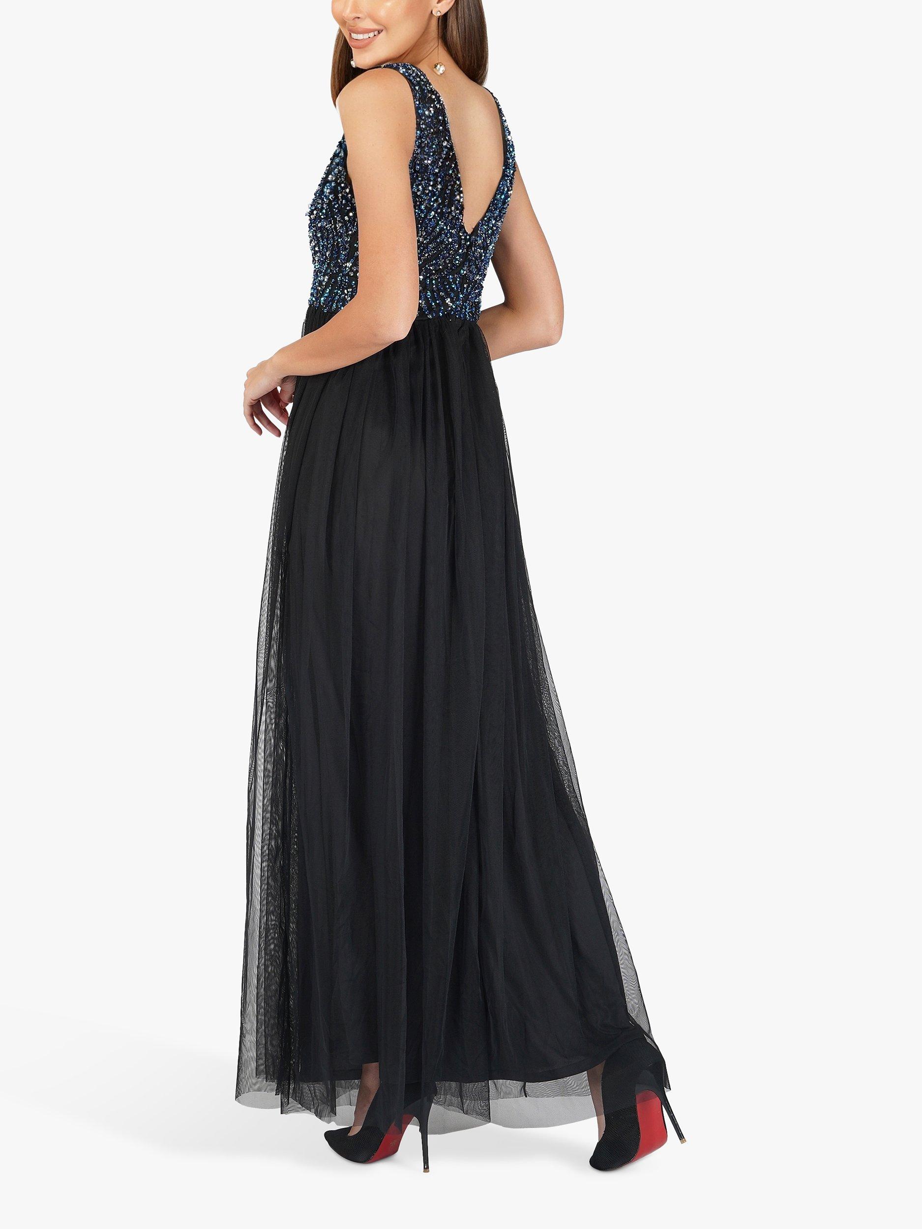 Lace & Beads Ada Embellished Layered Mesh Maxi Dress, Black, 8