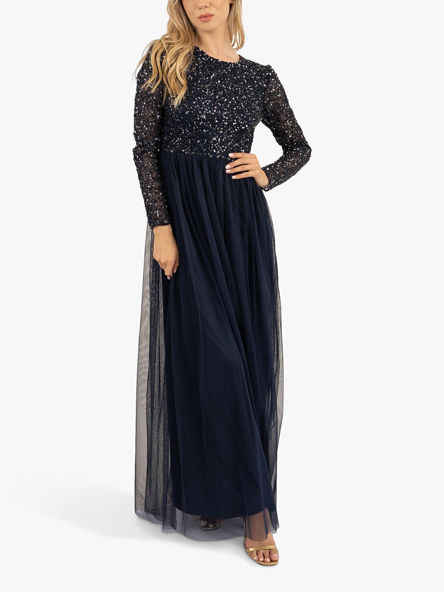 Lace Beads Belle Embellished Long Sleeve Mesh Maxi Dress