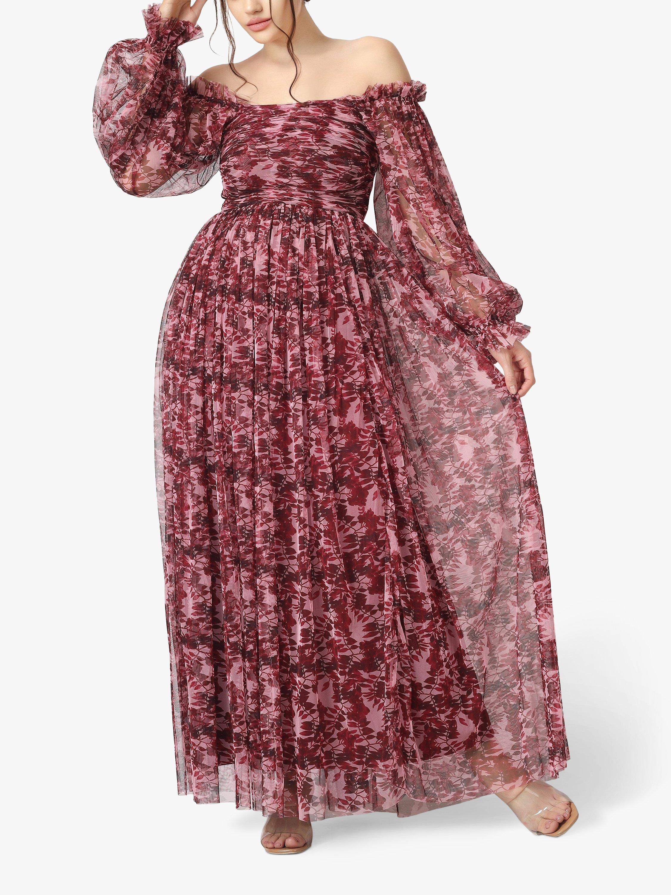 Lace Beads Lana Floral Print Mesh Maxi Dress Burgundy Pink